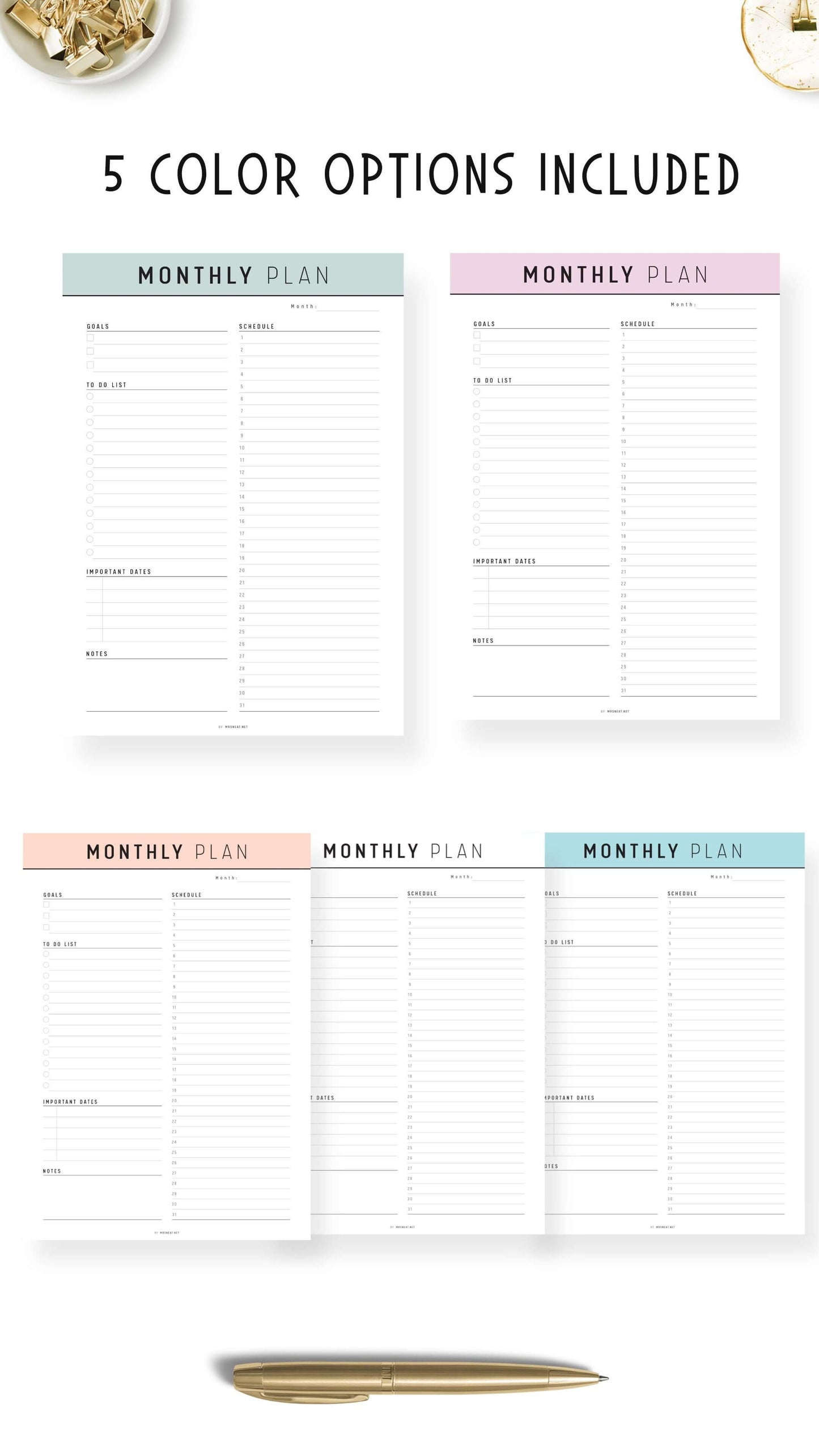 5 colors Monthly Planner Template Printable PDF