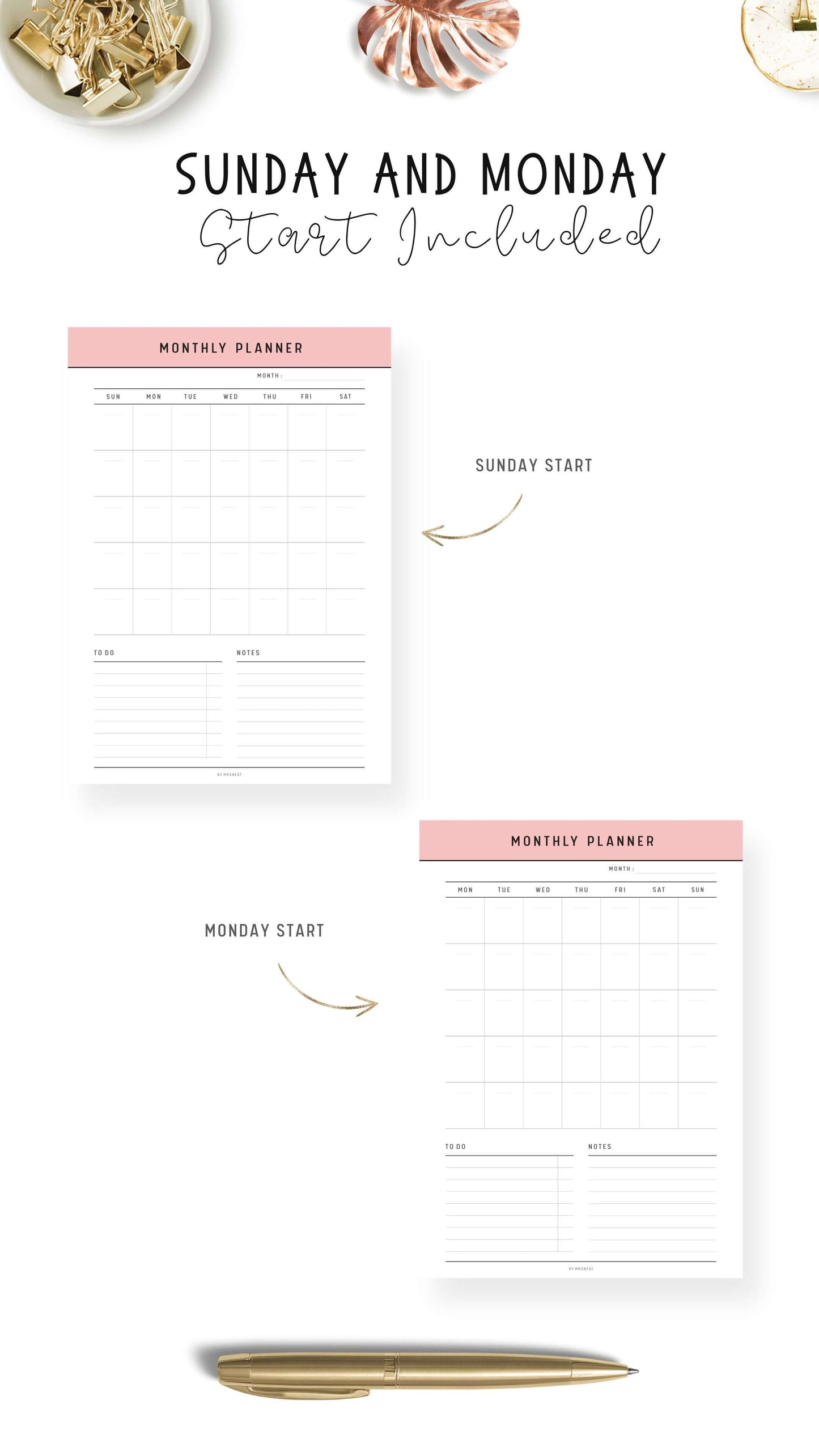 Sunday Start Monthly Planner Printable