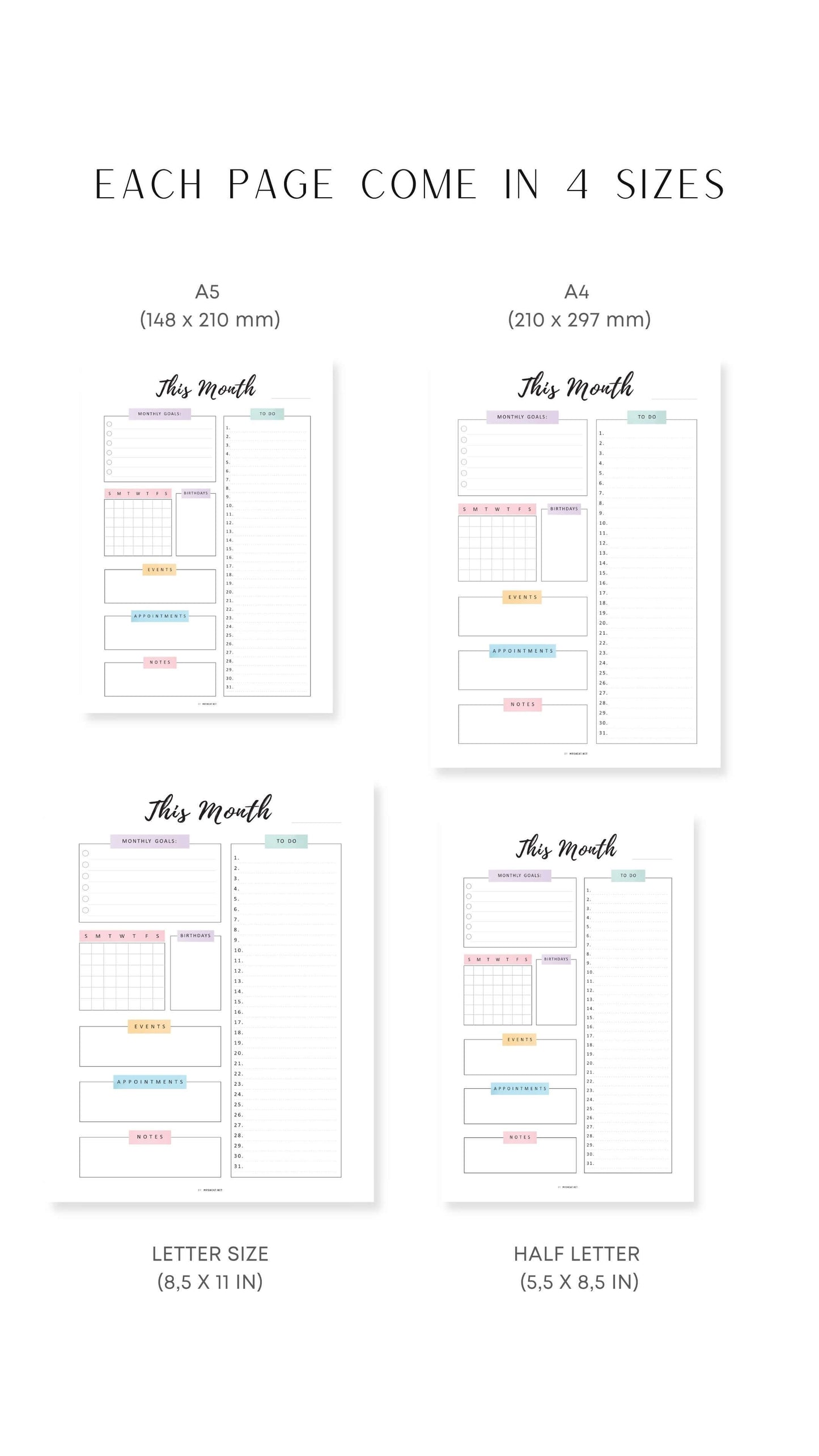 A4, A5, Letter, Half Letter Printable Monthly Planner Template PDF
