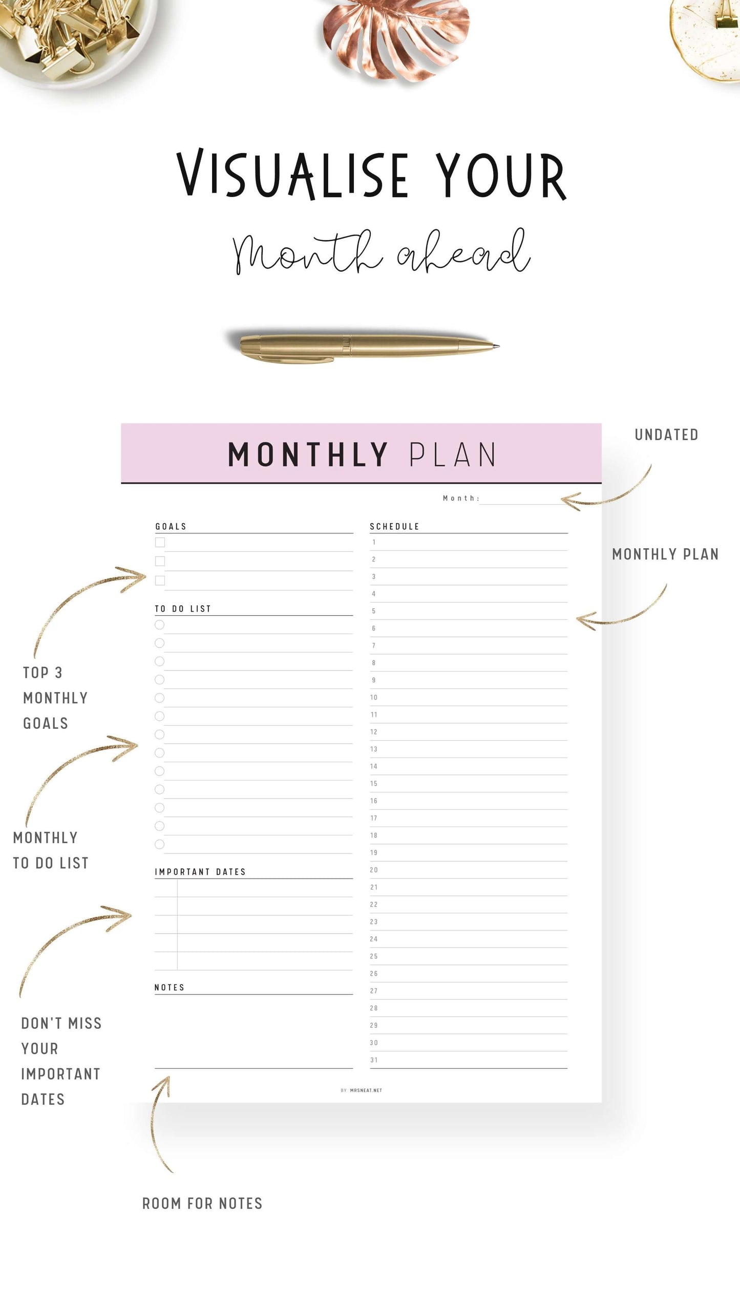Monthly Planner Template Printable PDF