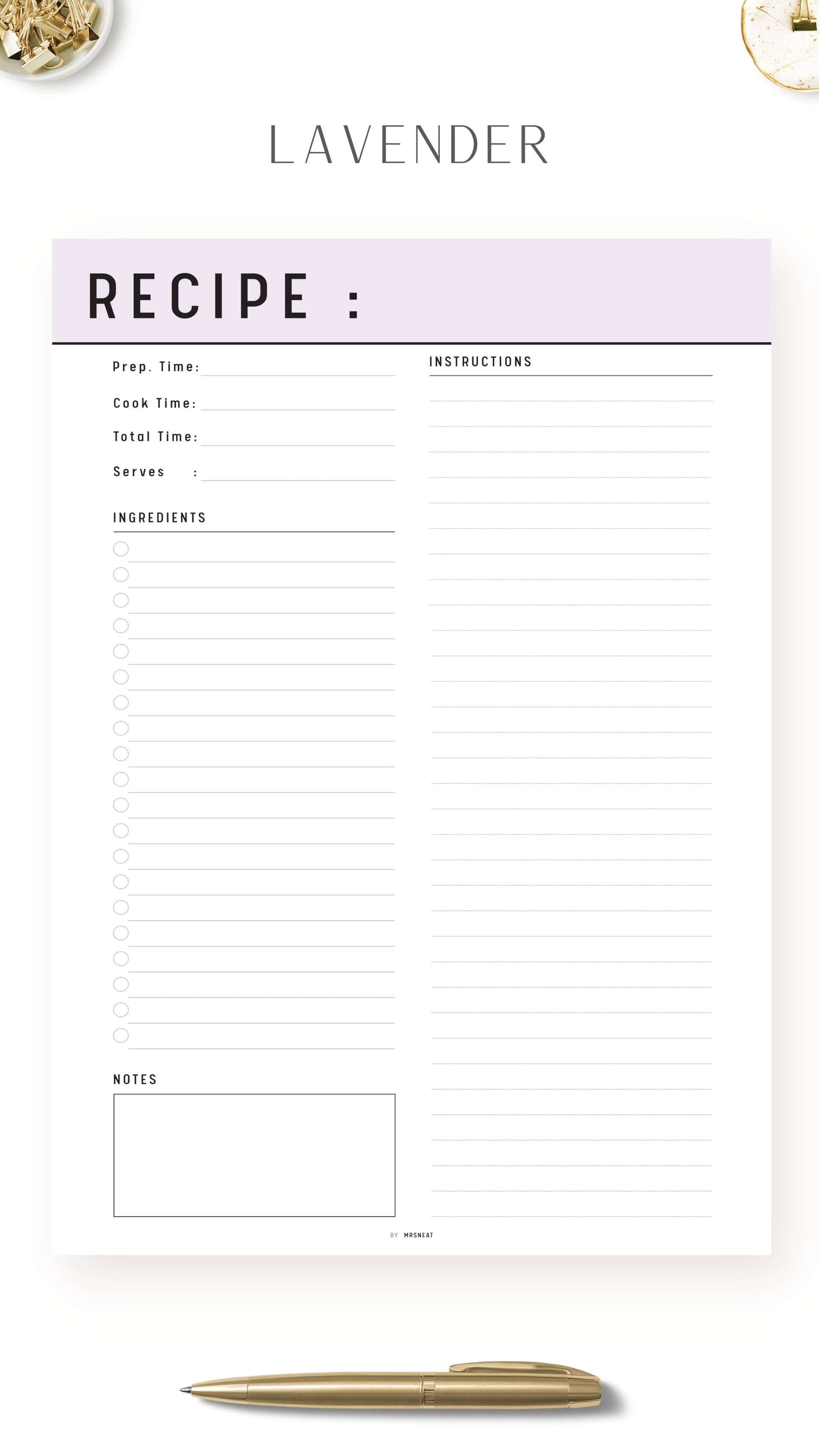Lavender Recipe Page Template Printable