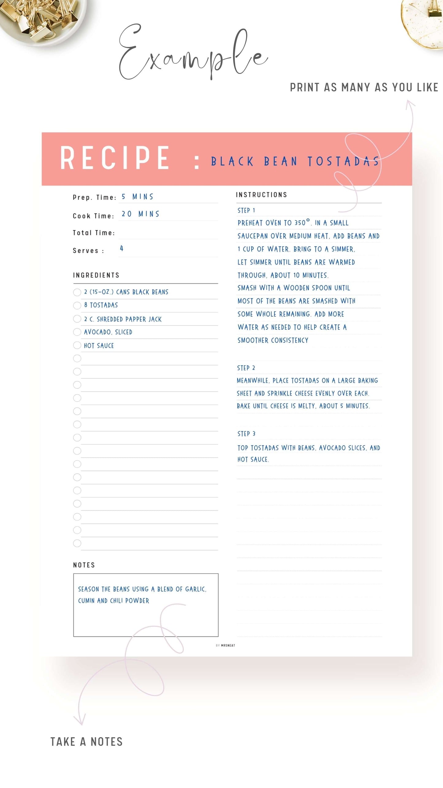 Tangerine Recipe Page Template Printable