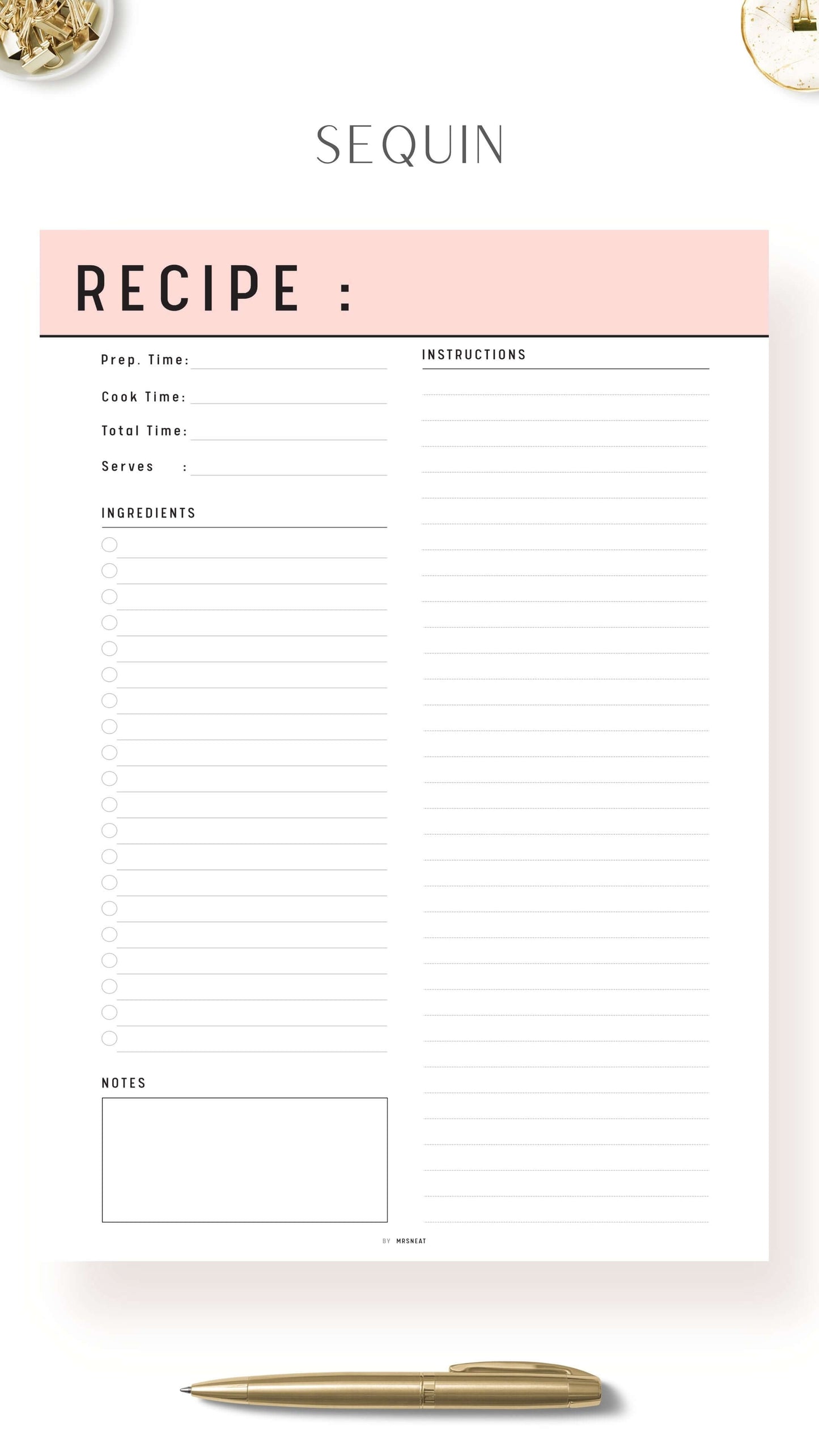 Sequin Recipe Page Template Printable