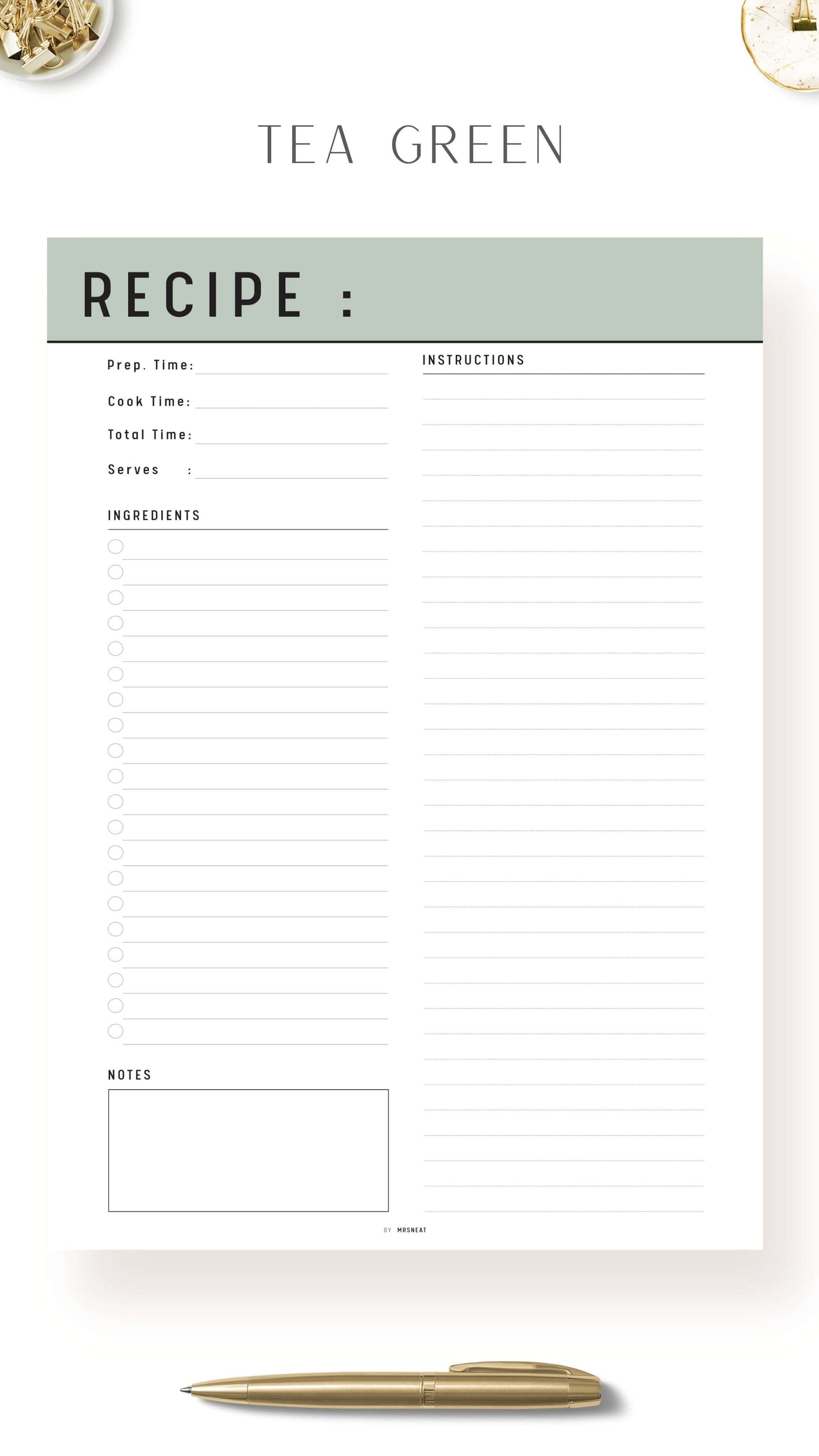 Tea Green Recipe Page Template Printable