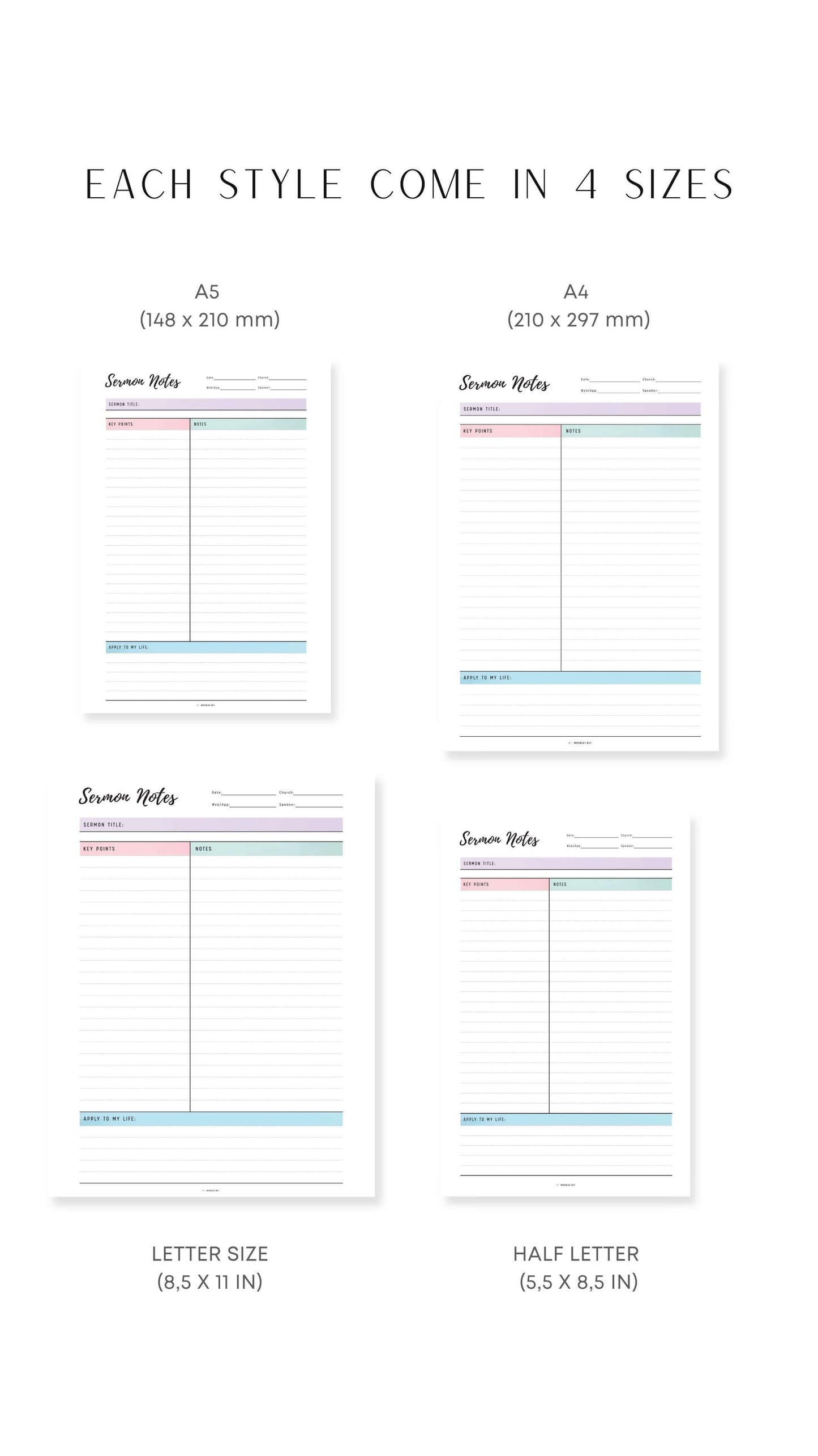 A4, A5, Letter, Half Letter Sermon Notes Journal Printable