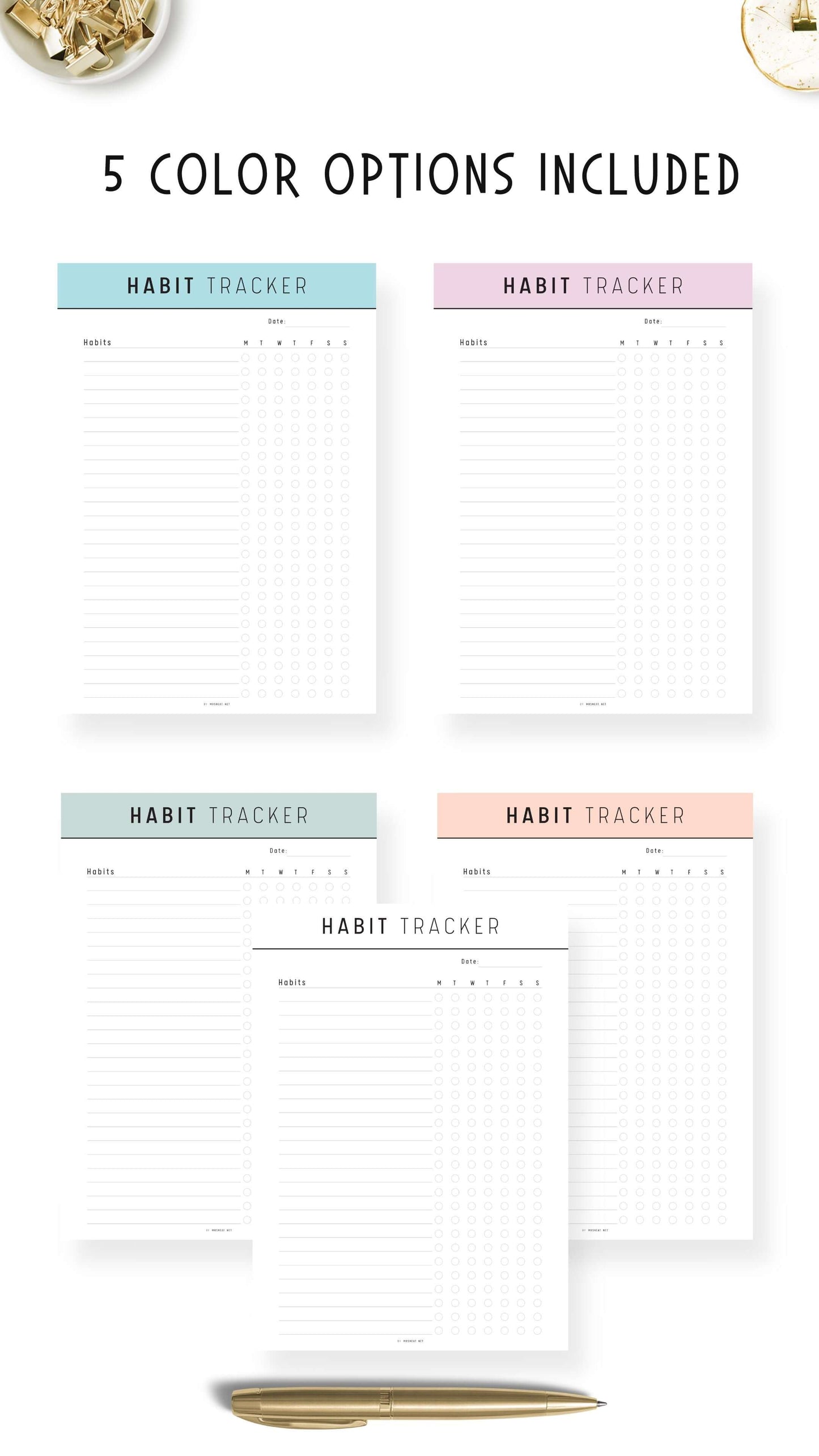 5 colors Weekly Habit Tracker Template Printable