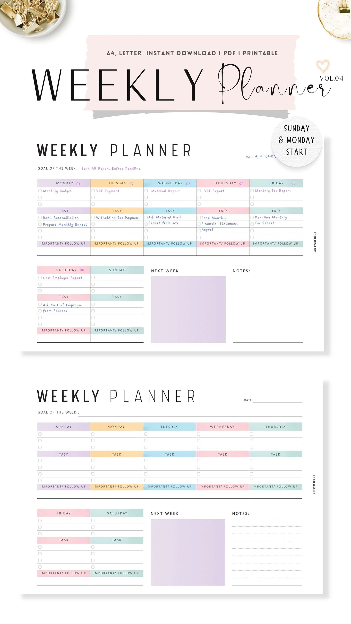 Colorful Printable Weekly Planner Landscape PDF
