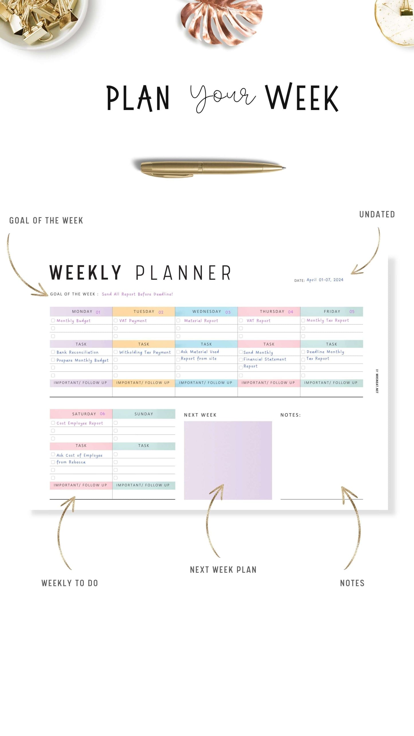Printable Weekly Planner Landscape PDF with Sunday and Monday Start