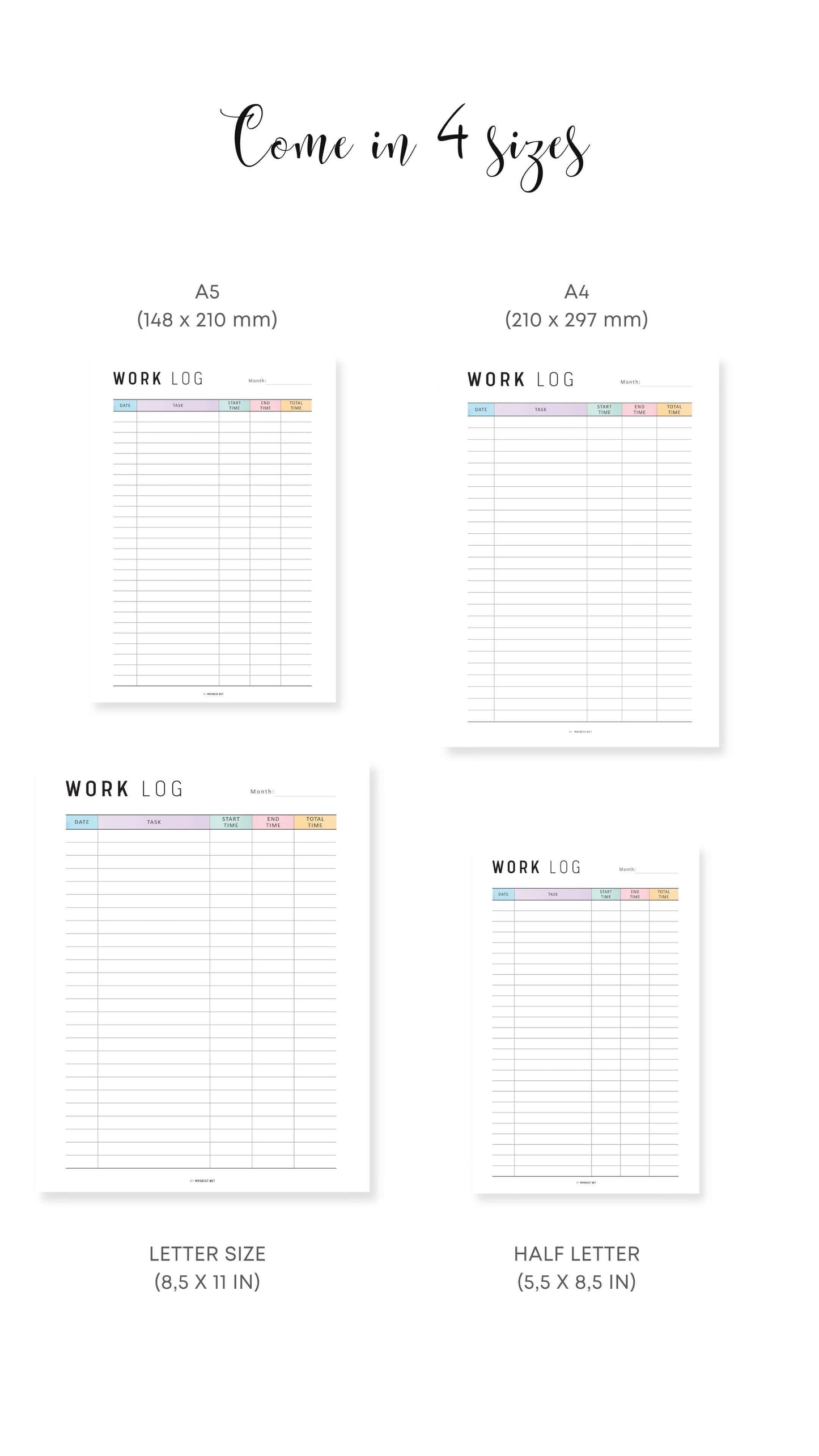 A4, A5, Letter, Half Letter Printable Work Log Template