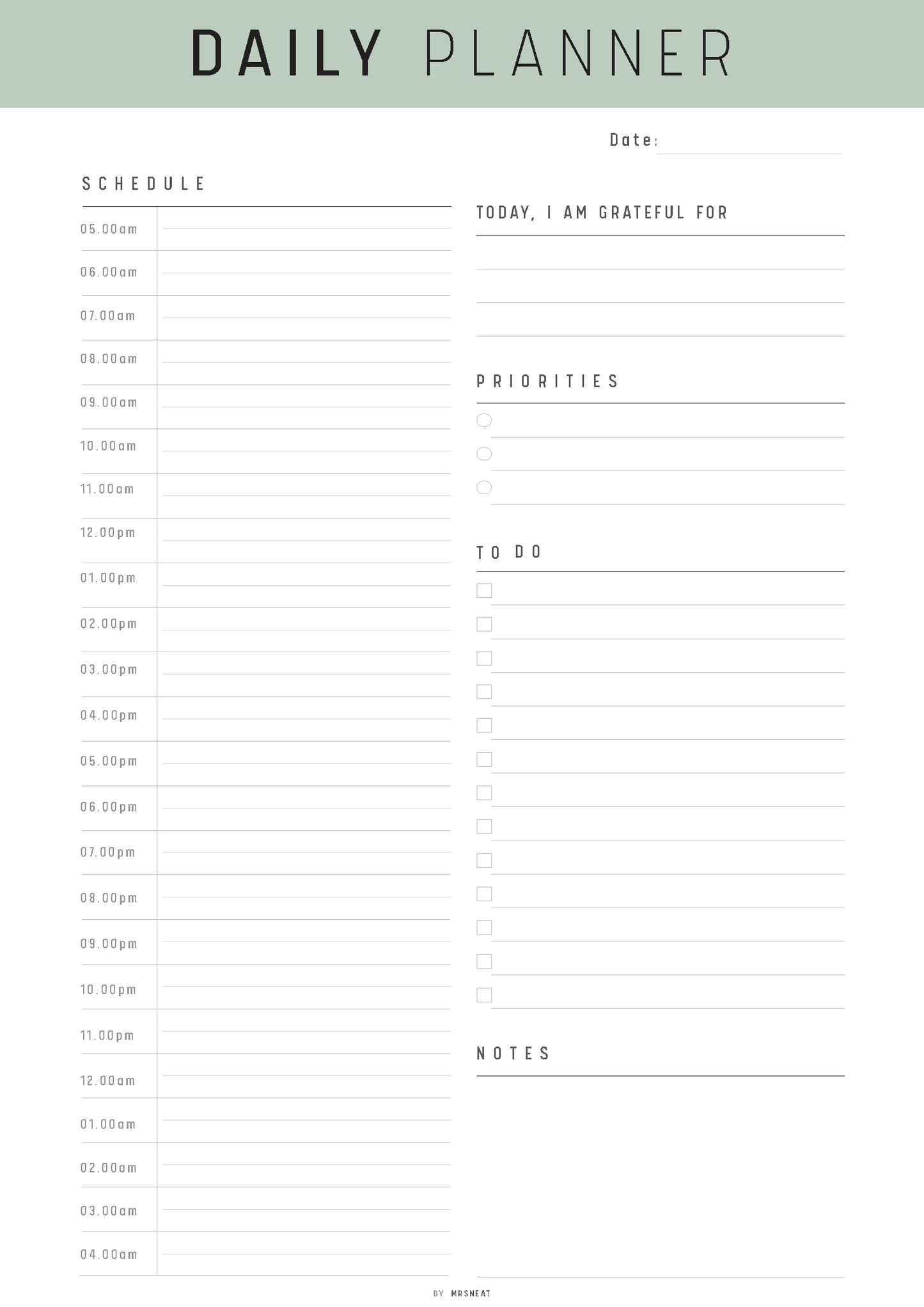 Daily planner with time slots, schedule, gratitude, priorities, to-do list, and notes sections.