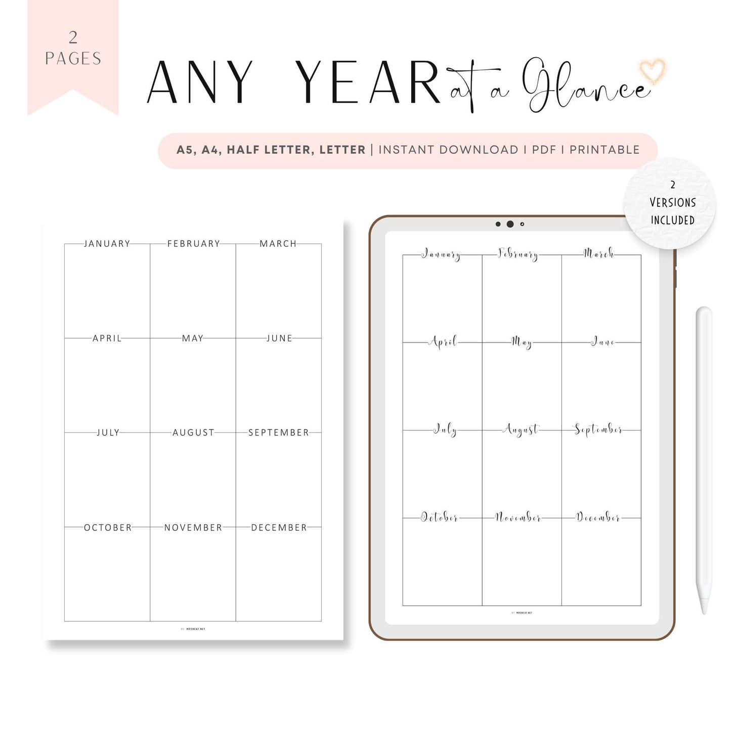 Any Year at a Glance Template Printable, Year at a Glance Planner, 2 versions, A4, A5, Letter, Half Letter