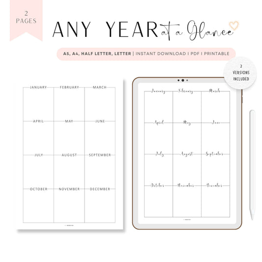 Any Year at a Glance Template Printable, Year at a Glance Planner, 2 versions, A4, A5, Letter, Half Letter