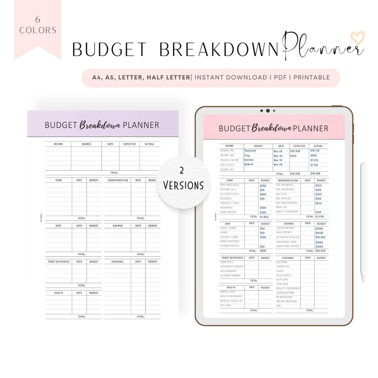 Budget Breakdown Planner Template Printable