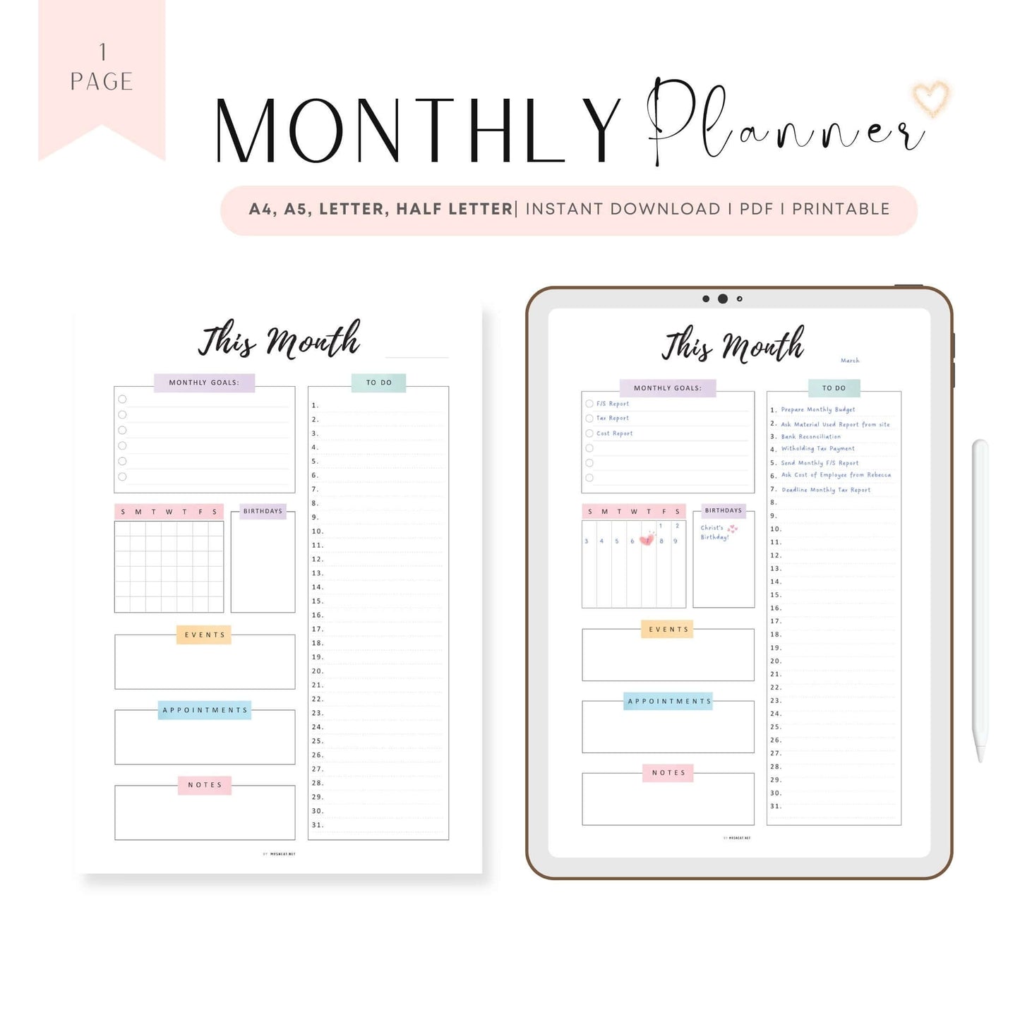 Printable Monthly Planner Template PDF