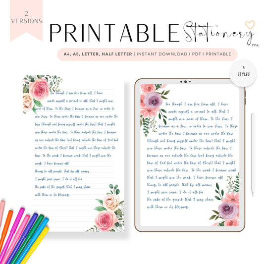 Pink Floral Printable Stationery, Writing Paper, Note Taking Template, A4, A5, Letter, Half Letter, Unlined Notes, Lined Notes, 4 Styles, Beautiful Pink Floral Paper