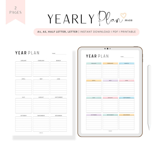 Printable Yearly Planner Template, Minimalist and Colorful Style, A4, Letter, Half Letter, PDF, Digital Planner