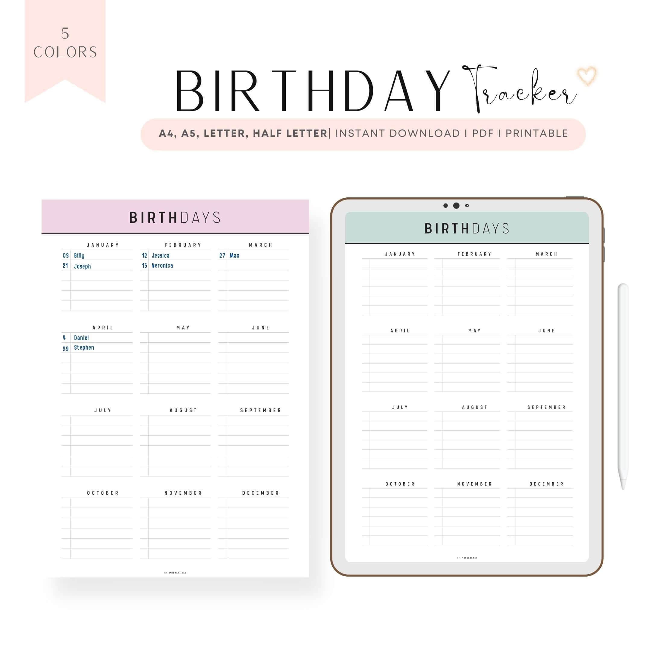 Birthday Tracker Template Printable mrsneat