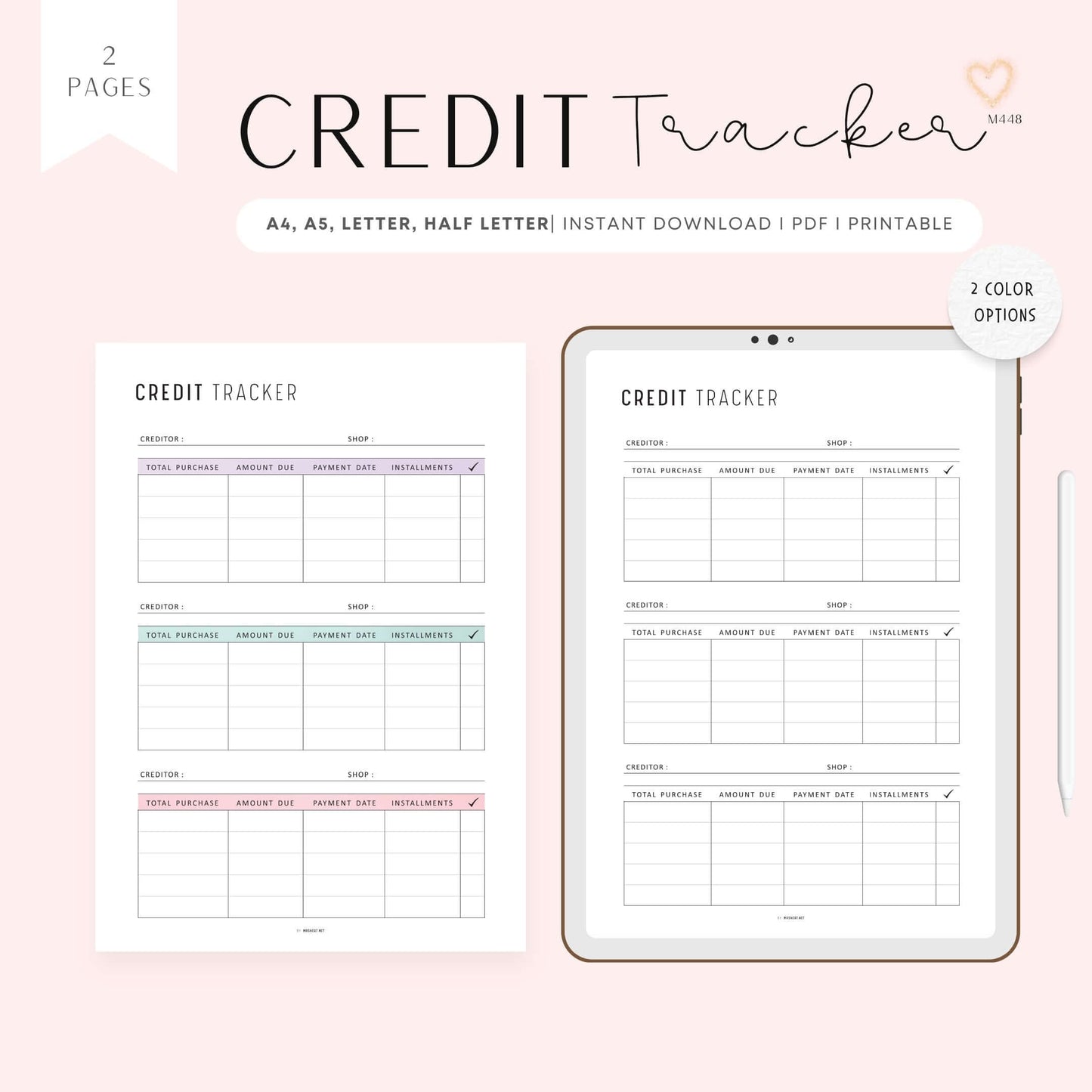 Credit Card Tracker, Printable, A4, A5, Letter, Half Letter, 2 Colors, Digital Planner