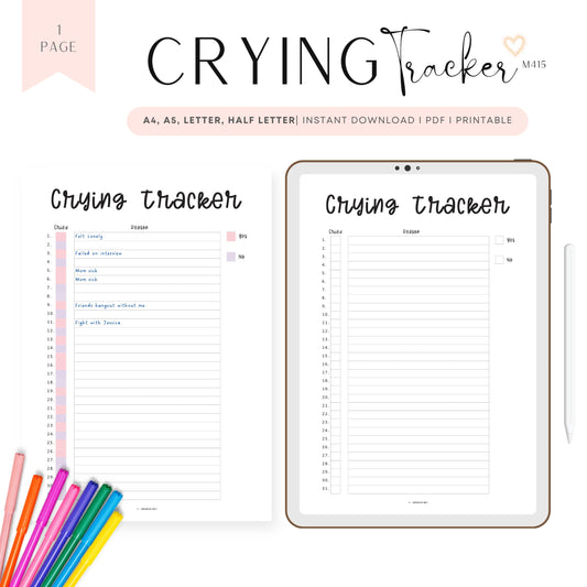 Monthly Crying Tracker Template, Crying Log Tracker, Mood Tracker, Feelings Tracker, Emotions Tracker, Sad Tracker, PDF, A4, A5, Letter, Half Letter