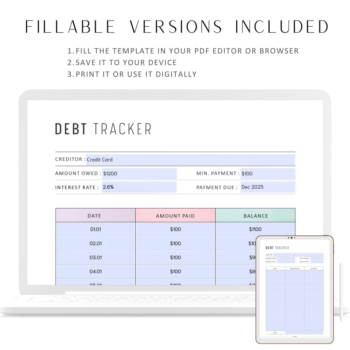 Debt Payment Tracker, Printable, A4, A5, Letter, Half Letter, Digital Planner, PDF, 2 Colors, Instant Download