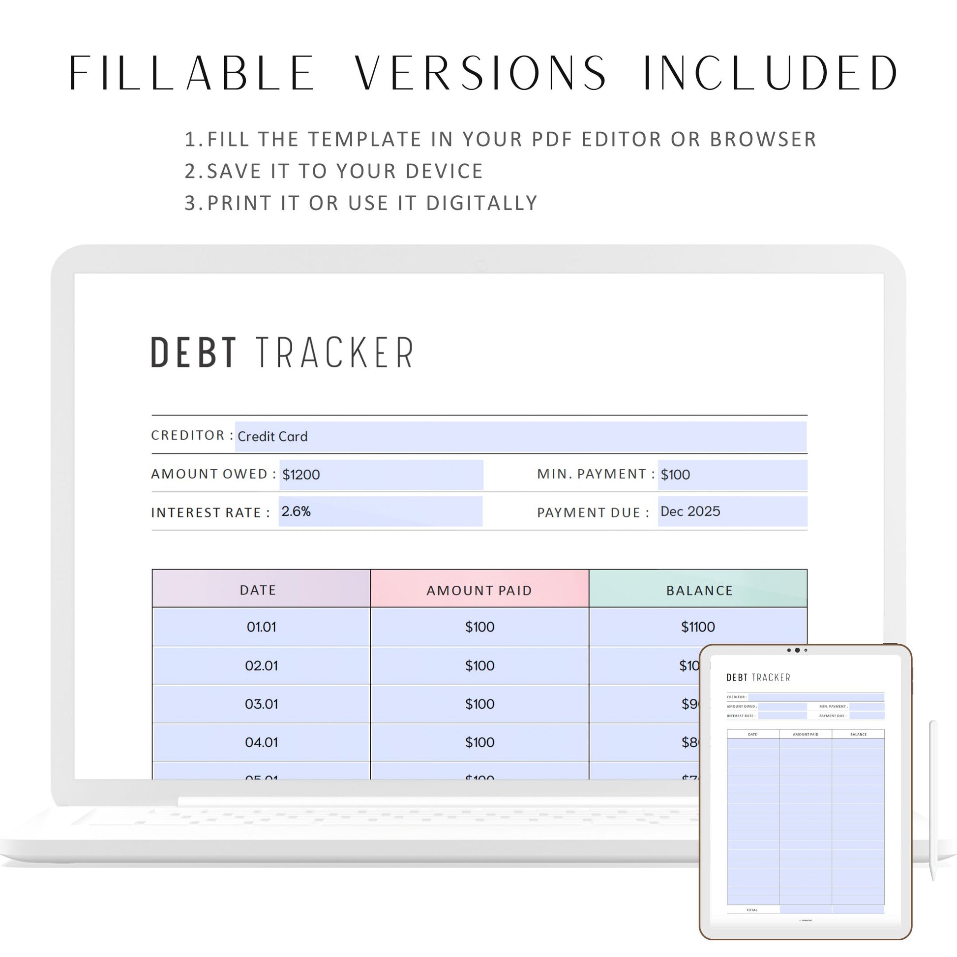 Debt Payment Tracker, Printable, A4, A5, Letter, Half Letter, Digital Planner, PDF, 2 Colors, Instant Download