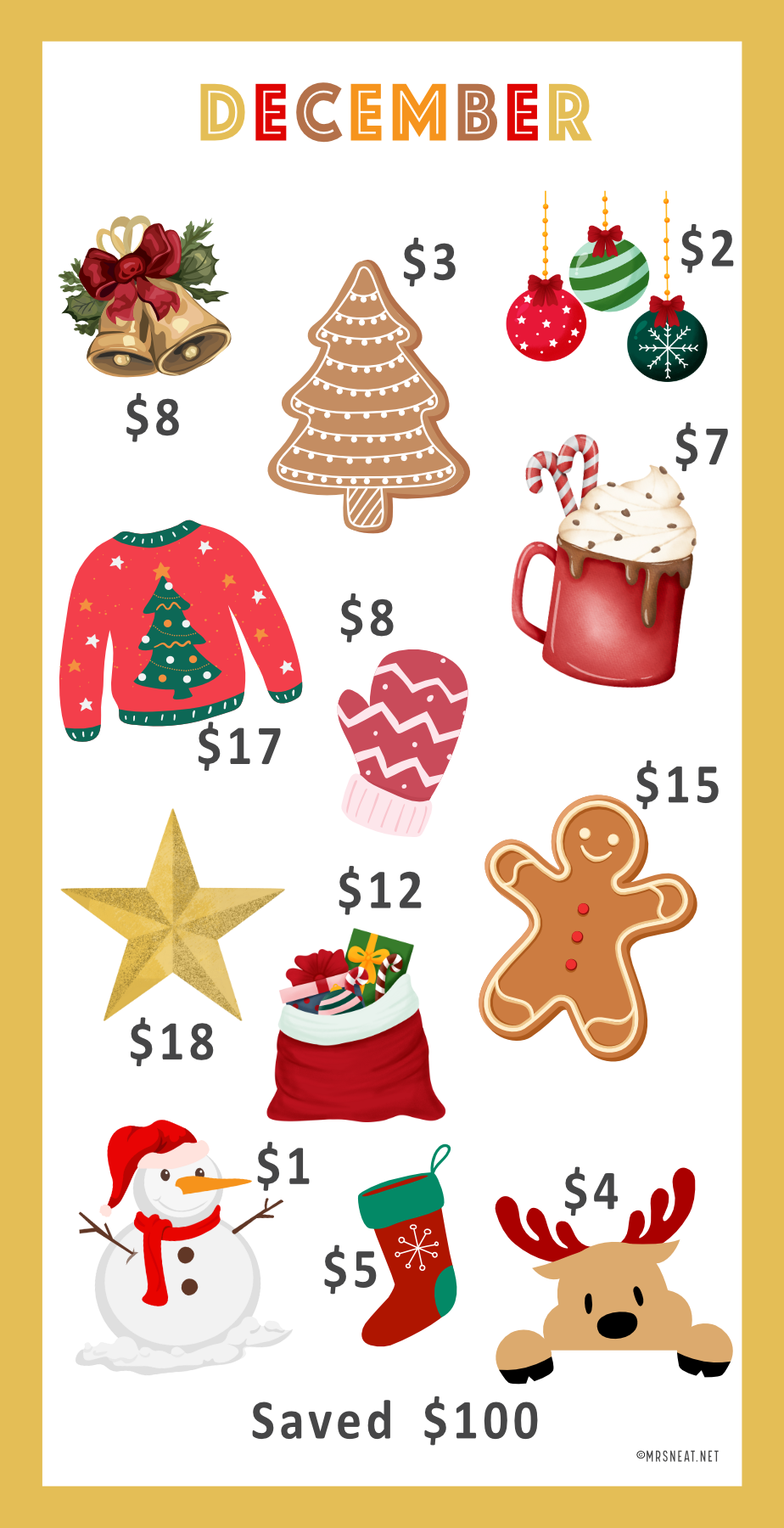 Mini savings challenge Christmas-themed savings tracker with various festive items and saving amount on a gold border.