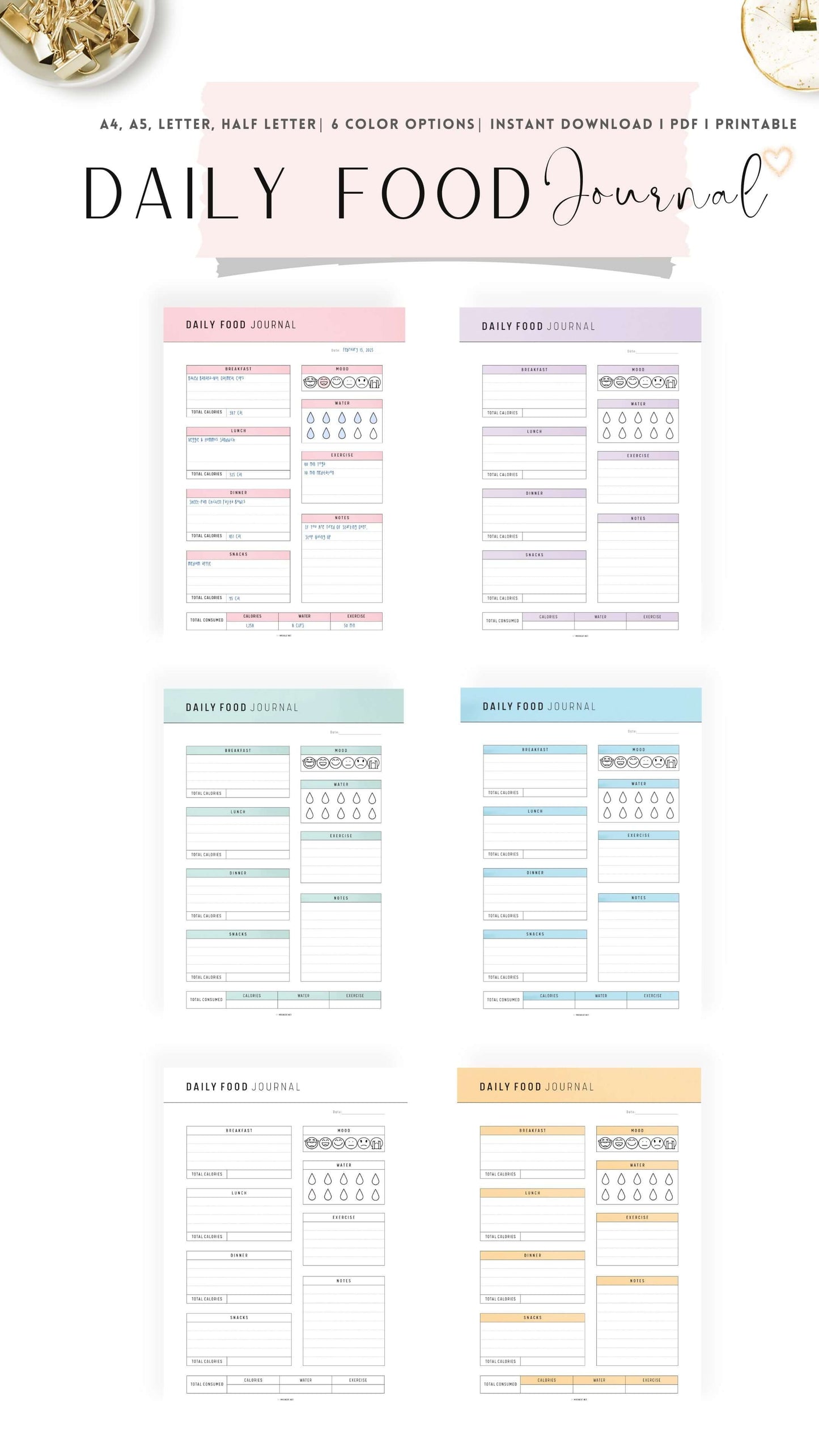 Colorful and Beautiful Printable Daily Food Journal Template