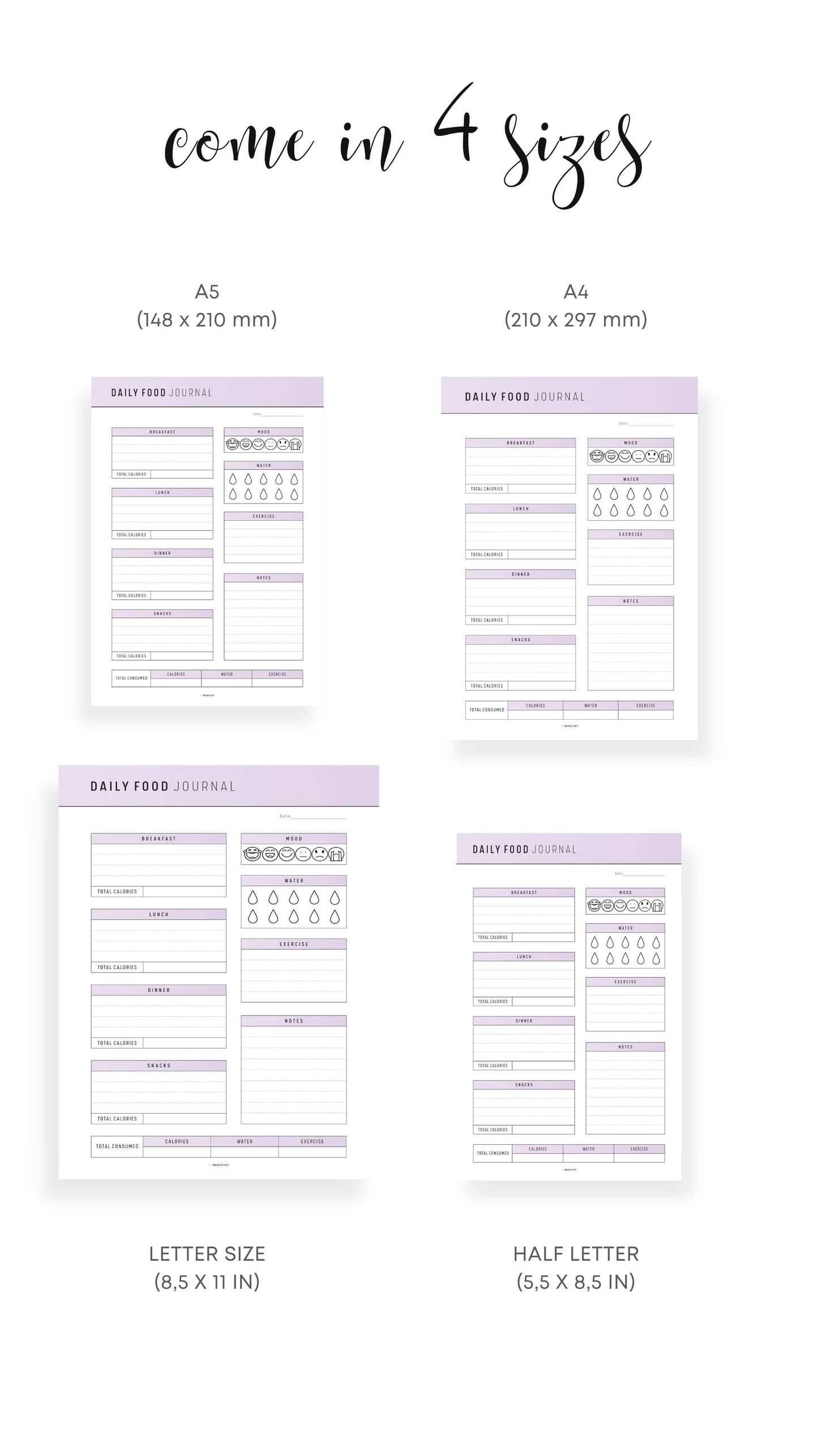 A4, A5, Letter, Half Letter Printable Daily Food Journal Template