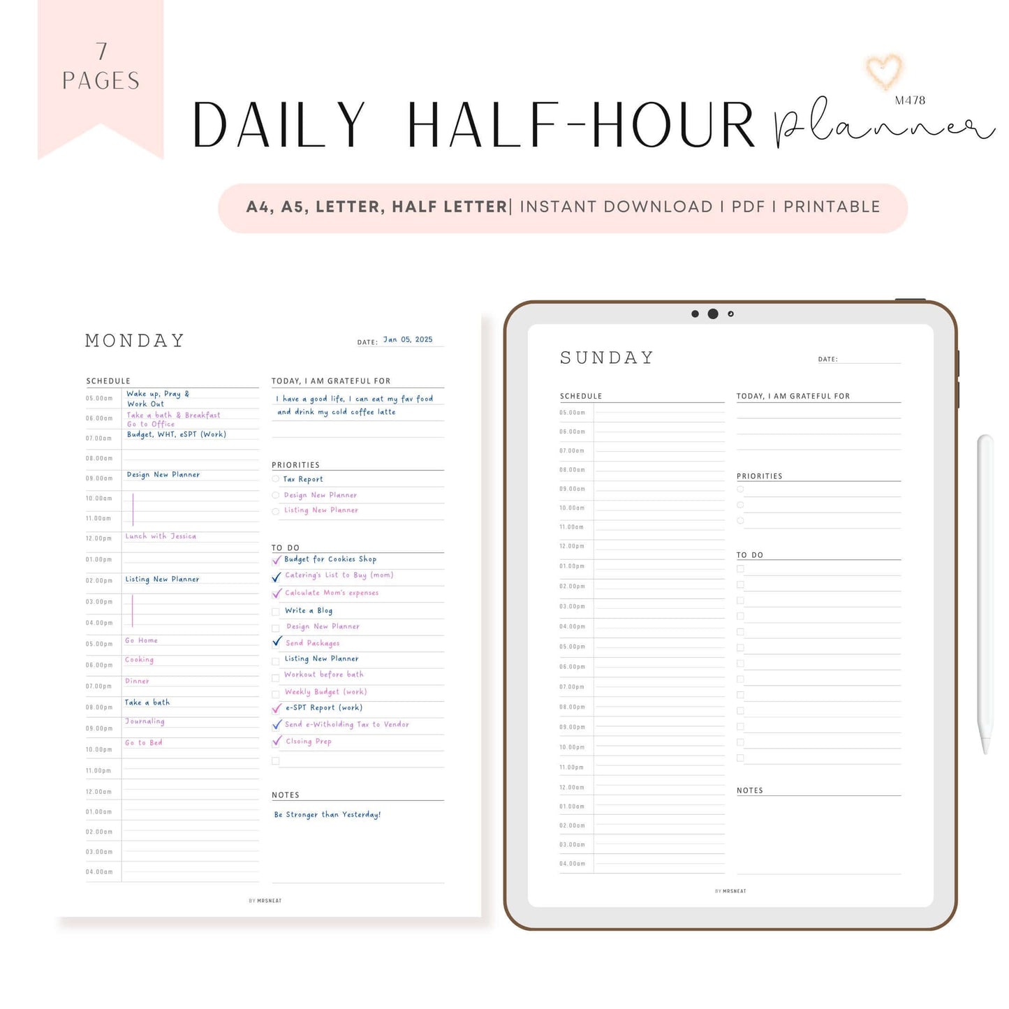 Minimalist Daily Half Hour Planner, Sunday to Monday, Digital & Printables