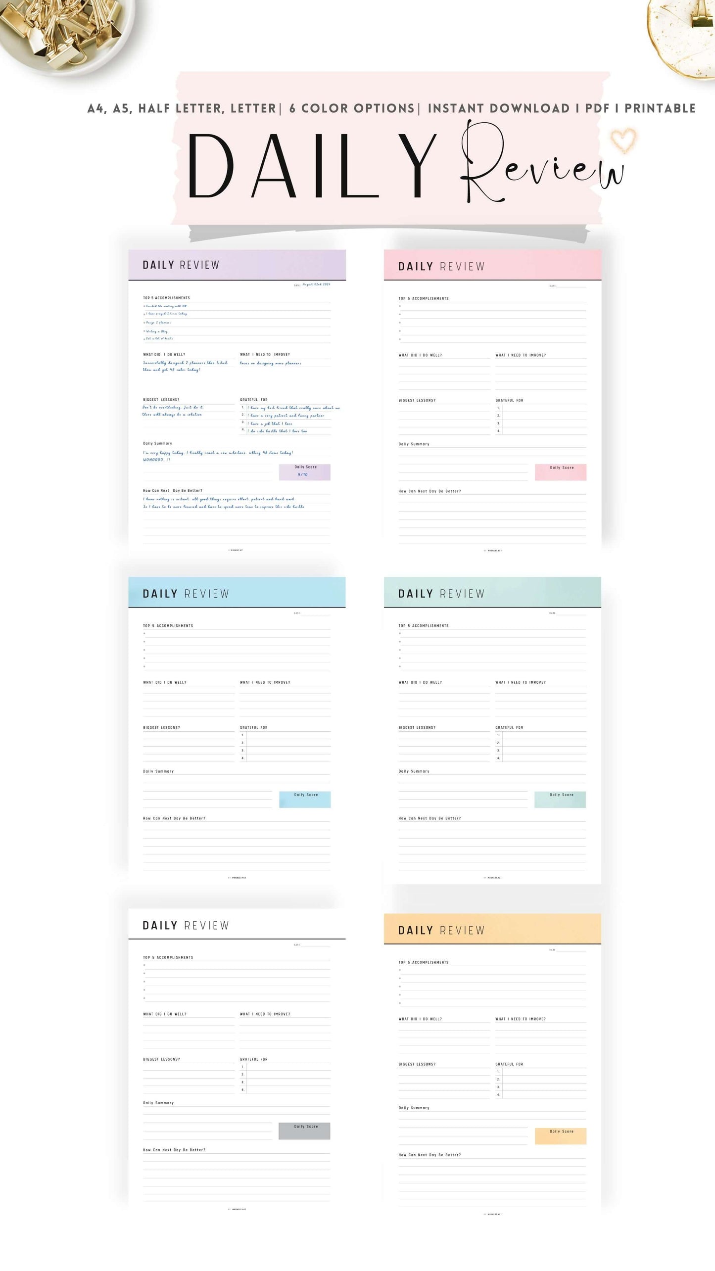 Colorful Daily Review Planner Template Printable