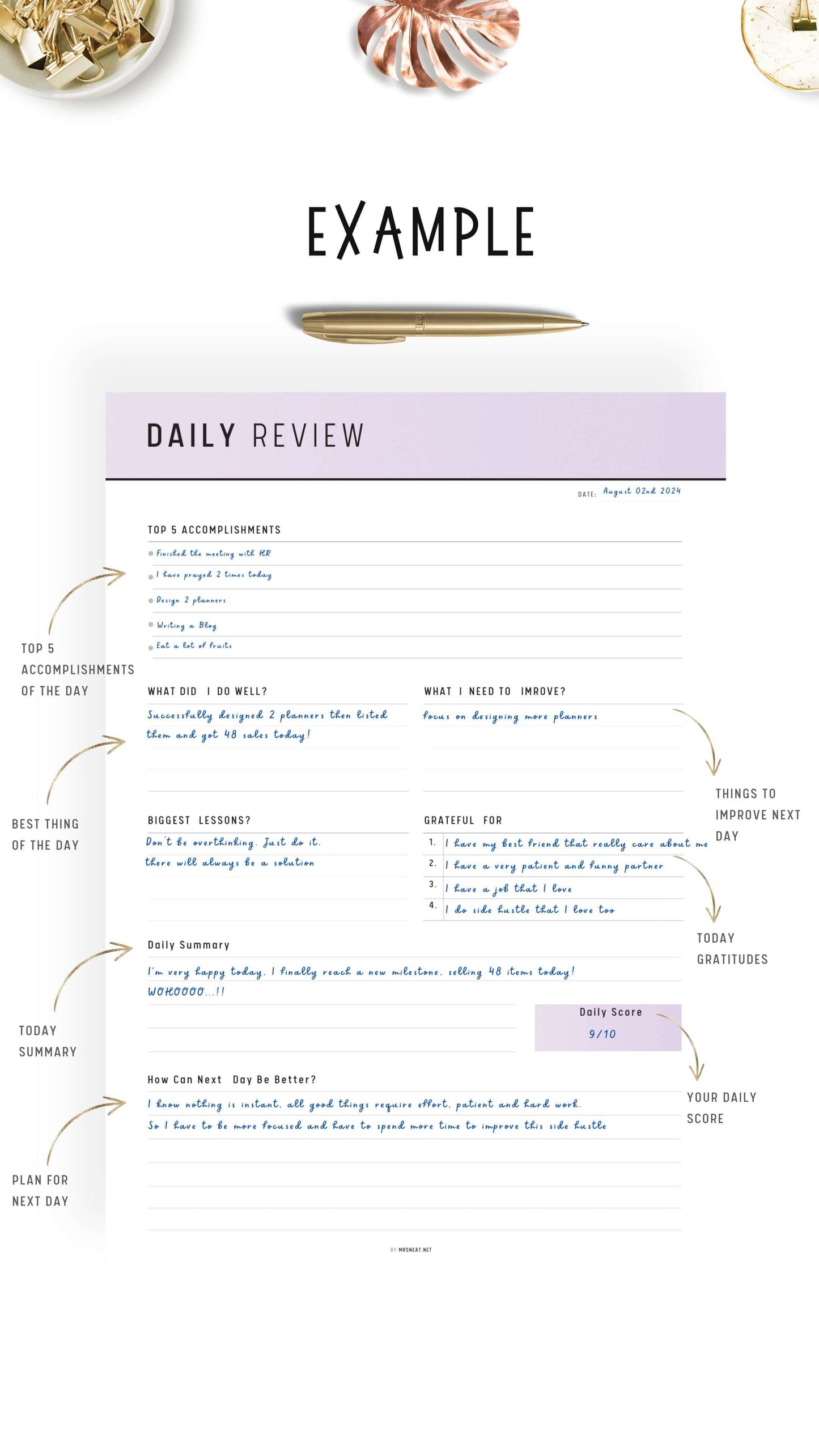 Example Daily Review Planner Template Printable