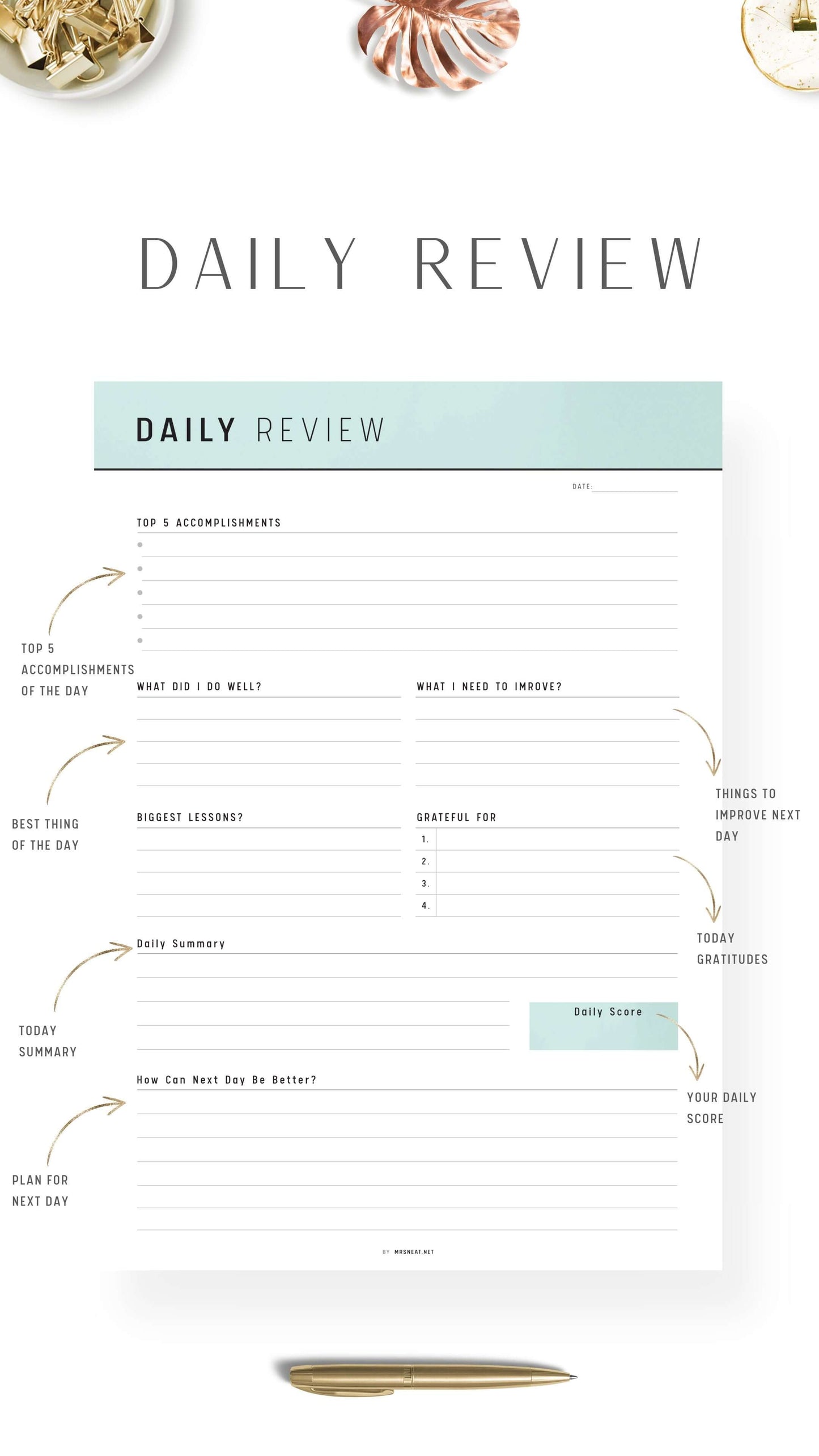 Green Daily Review Planner Template Printable