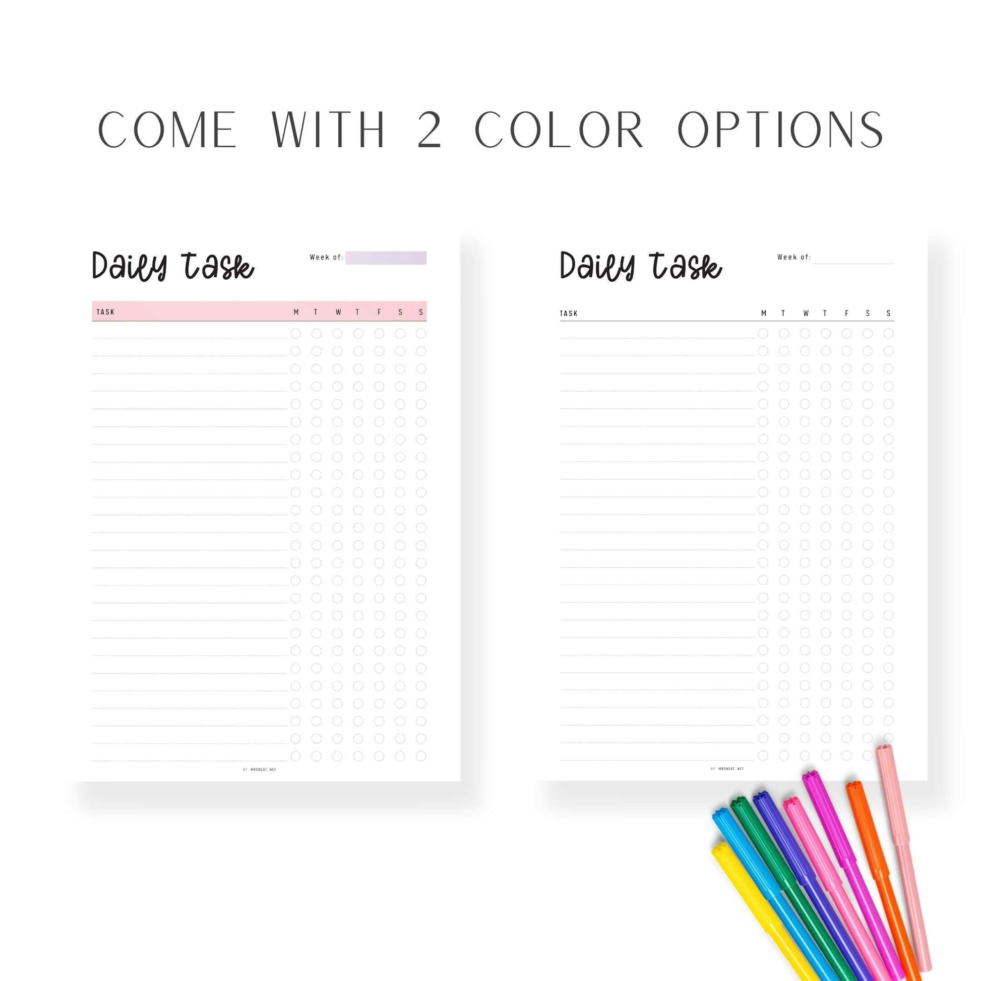 Daily Task List Template Printable, To Do List Planner, 2 color options