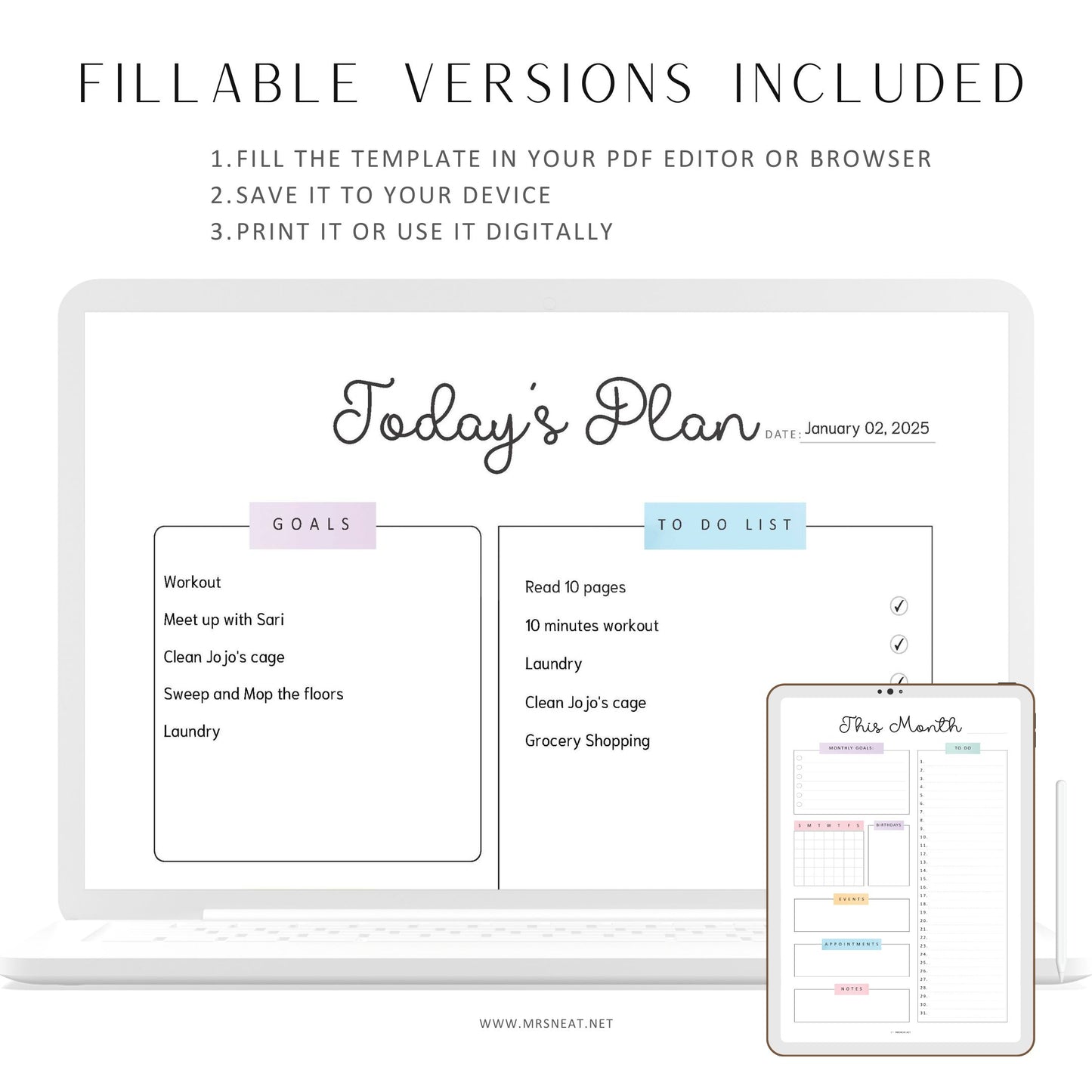 Daily, Weekly, Monthly Planner Bundle, 3 pages, Lined and Unlined version, PDF Fillable, Digital Planner, Printable Planner, A4, A5, Letter, Half Letter, Sunday and Monday start