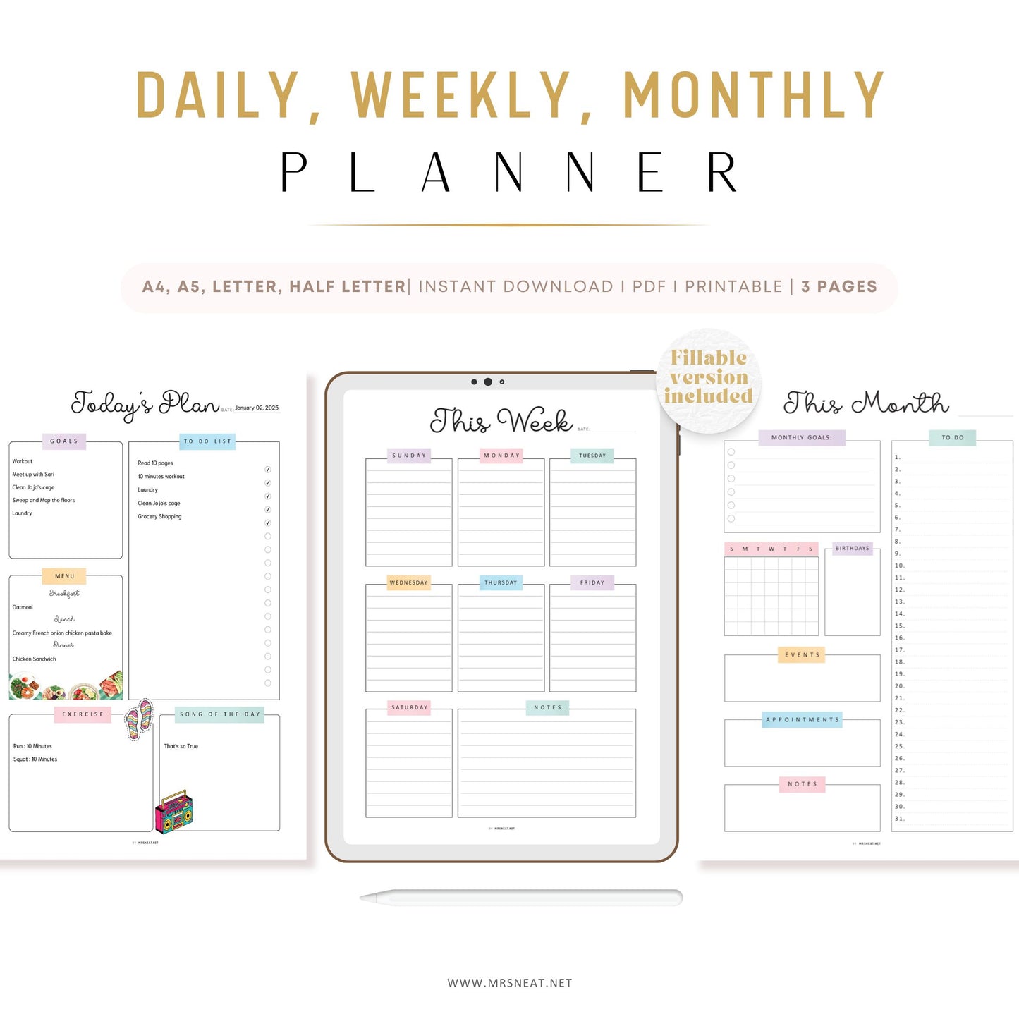 Daily, Weekly, Monthly Planner Bundle, 3 pages, Lined and Unlined version, PDF Fillable, Digital Planner, Printable Planner, A4, A5, Letter, Half Letter, Sunday and Monday start