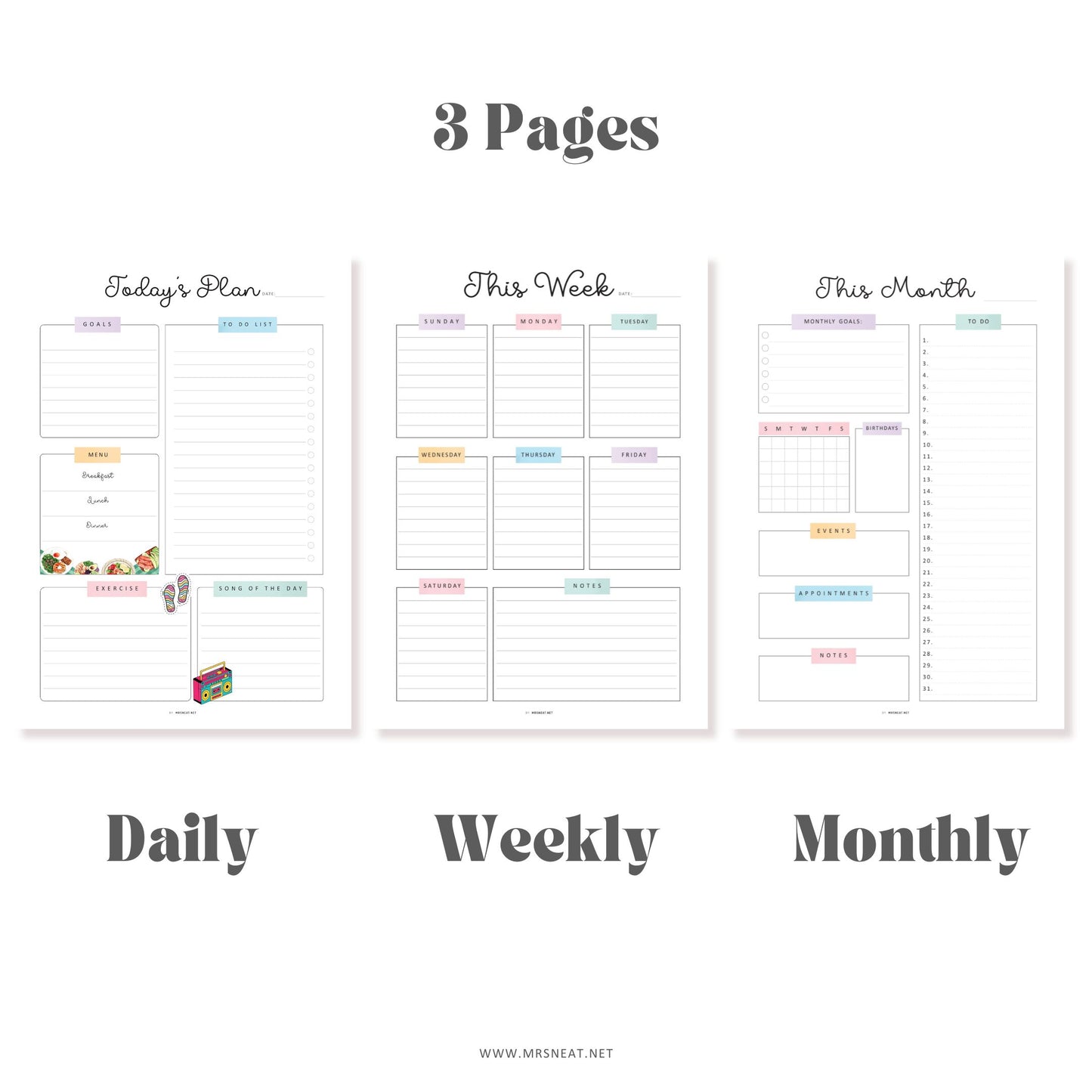 Daily, Weekly, Monthly Planner Bundle, 3 pages, Lined and Unlined version, PDF Fillable, Digital Planner, Printable Planner, A4, A5, Letter, Half Letter, Sunday and Monday start
