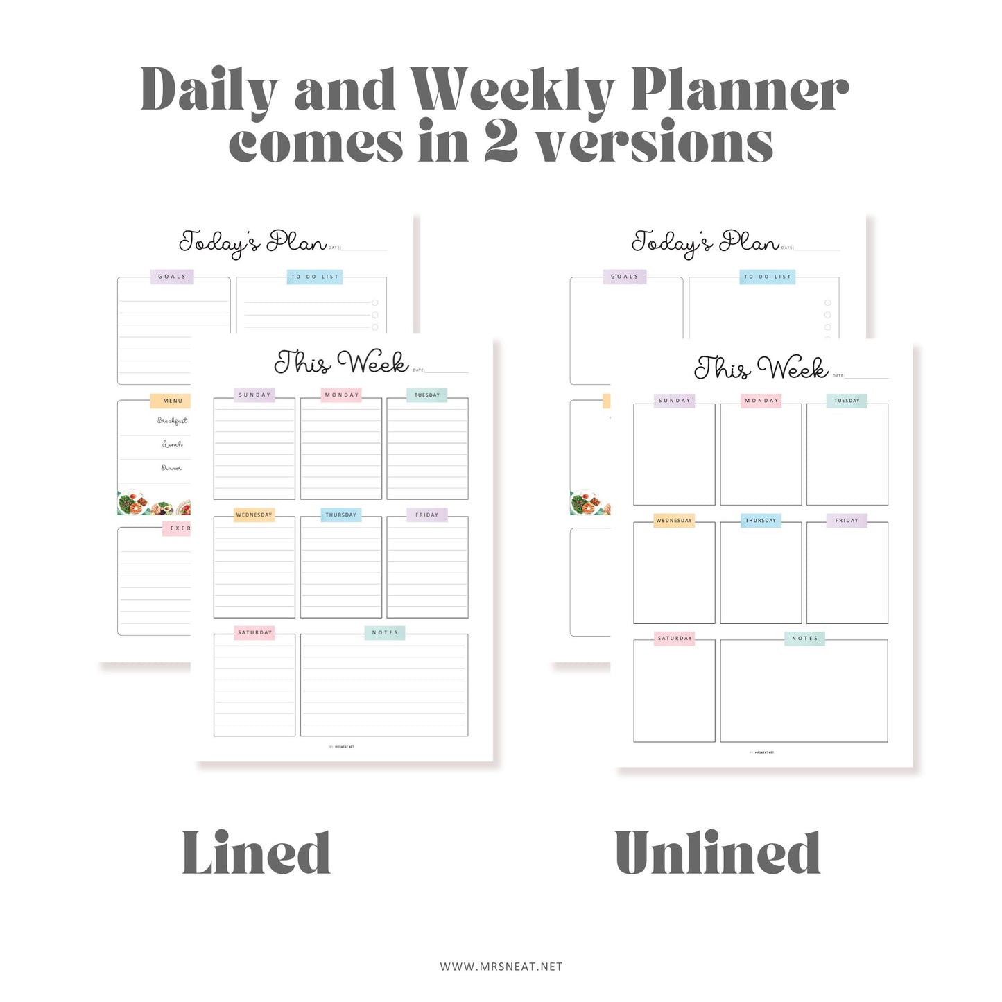 Daily, Weekly, Monthly Planner Bundle, 3 pages, Lined and Unlined version, PDF Fillable, Digital Planner, Printable Planner, A4, A5, Letter, Half Letter, Sunday and Monday start