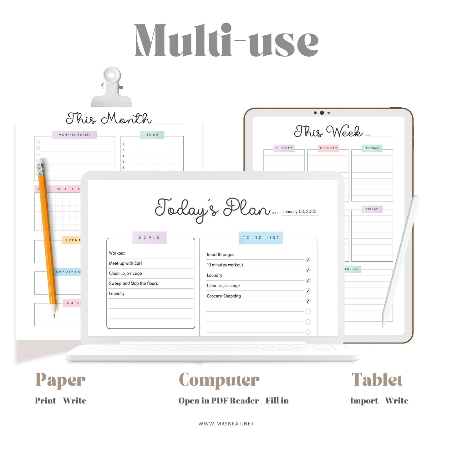 Daily, Weekly, Monthly Planner Bundle, 3 pages, Lined and Unlined version, PDF Fillable, Digital Planner, Printable Planner, A4, A5, Letter, Half Letter, Sunday and Monday start