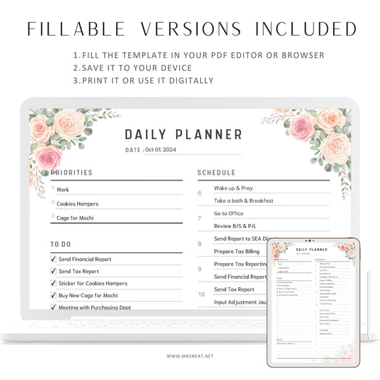 Fillable Floral Daily Planner Printable, Half Hour Schedule, Daily Productivity Planner, PDF, A4, Letter, Half Letter, A5