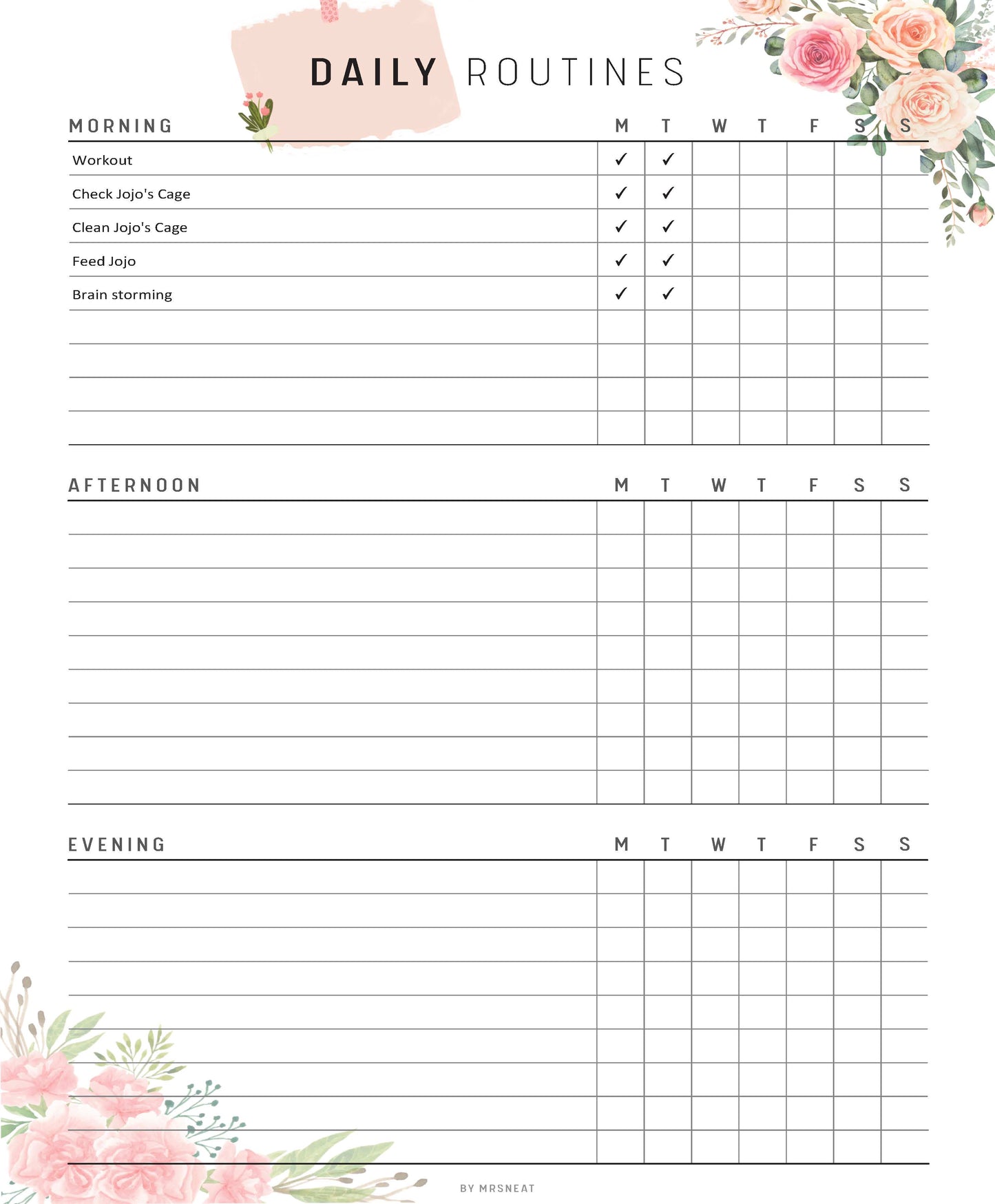 Daily routines planner with floral designs and checkboxes for tasks.