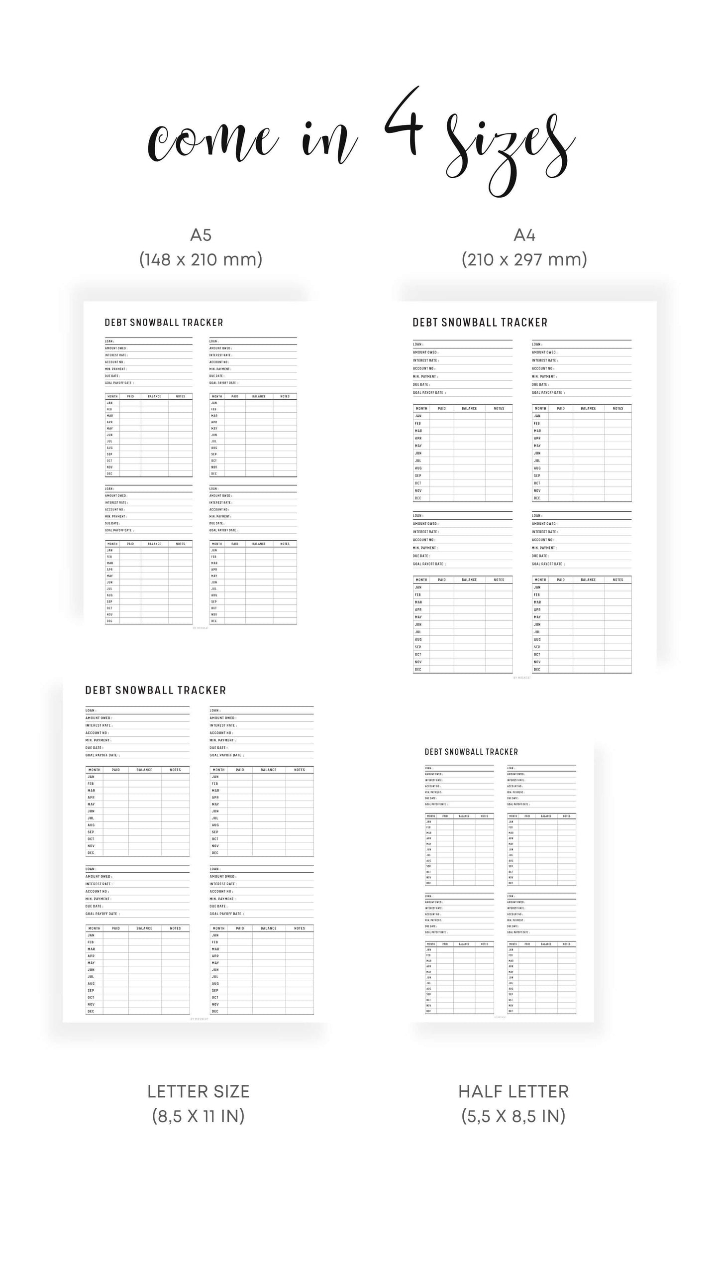 A4, A5, Letter, Half Letter Minimalist Debt Snowball Tracker Template Printable with Multiple debt in one page