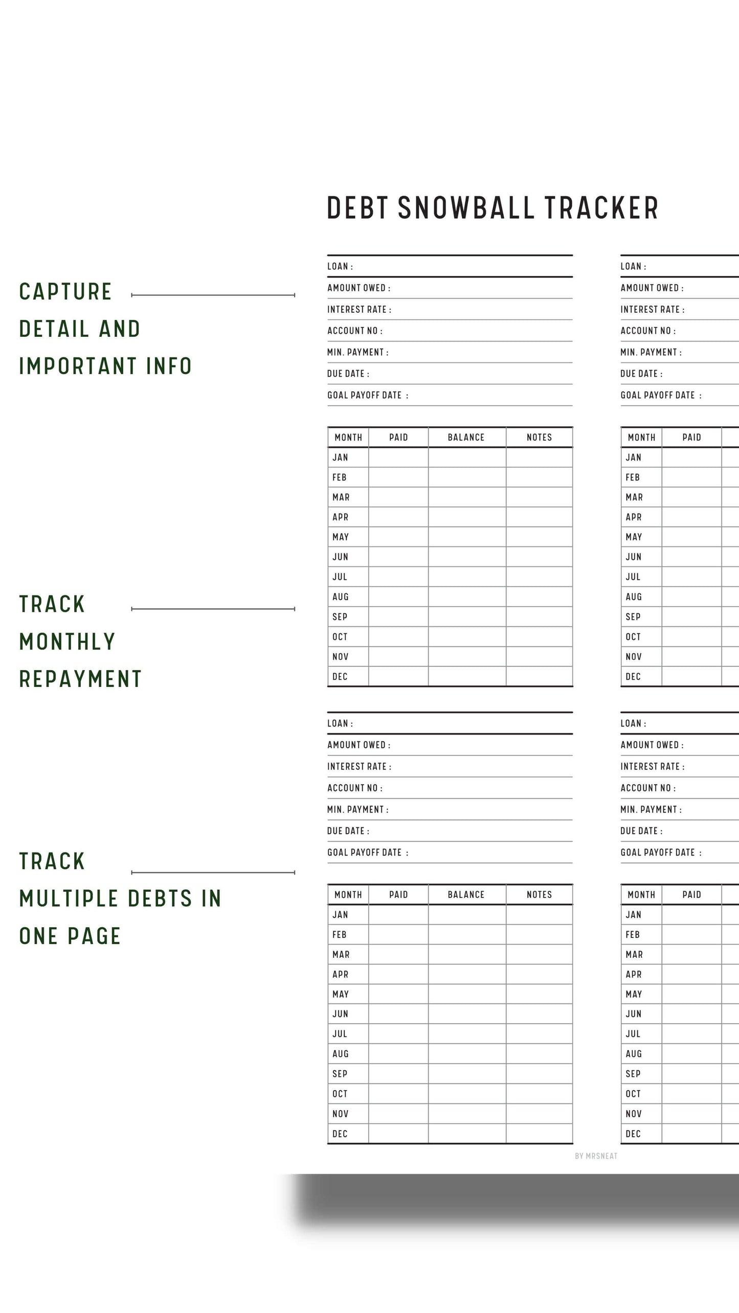 Minimalist Debt Snowball Tracker Template Printable with Multiple debt in one page