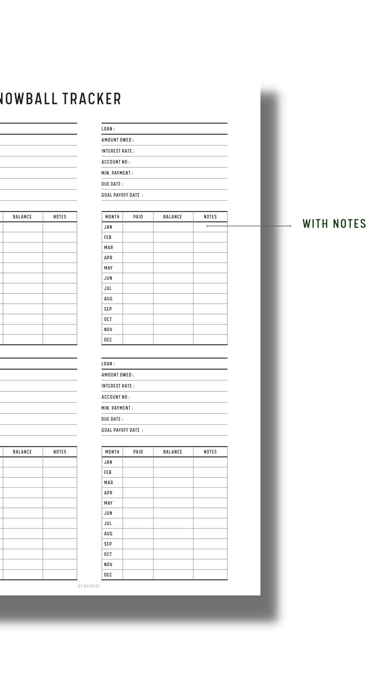Minimalist Debt Snowball Tracker Template Printable to capture detailed and important debt information