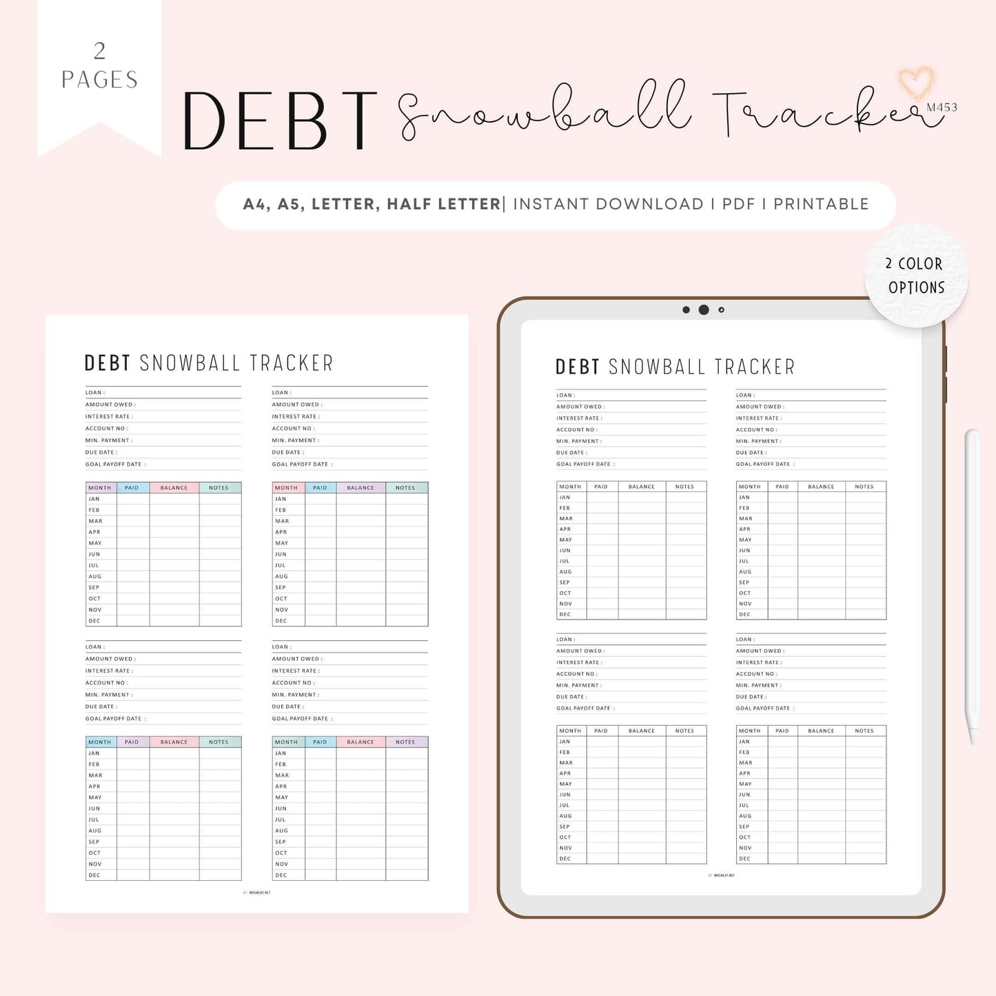 Debt Snowball Tracker Sheet, Printable, A4, A5, Letter, Half Letter, PDF, Digital Planner, 2 Colors, Instant Download