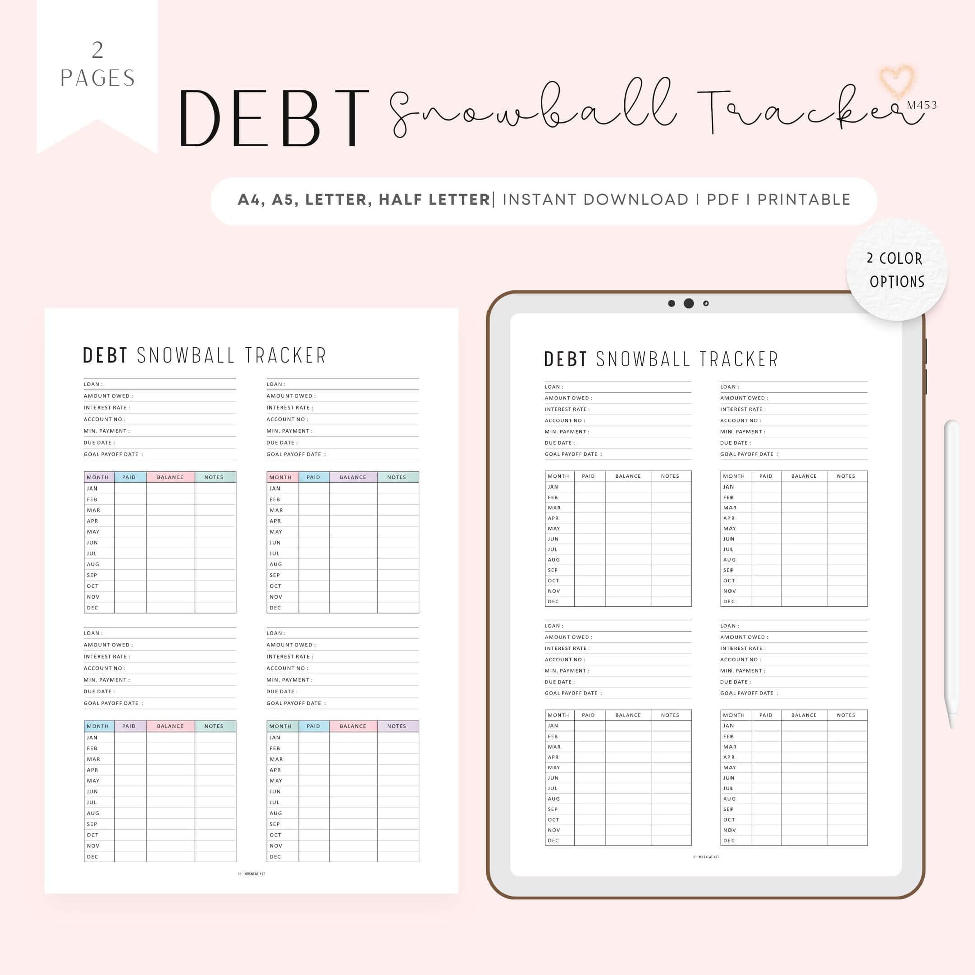 Debt Snowball Tracker Sheet, Printable, A4, A5, Letter, Half Letter, PDF, Digital Planner, 2 Colors, Instant Download