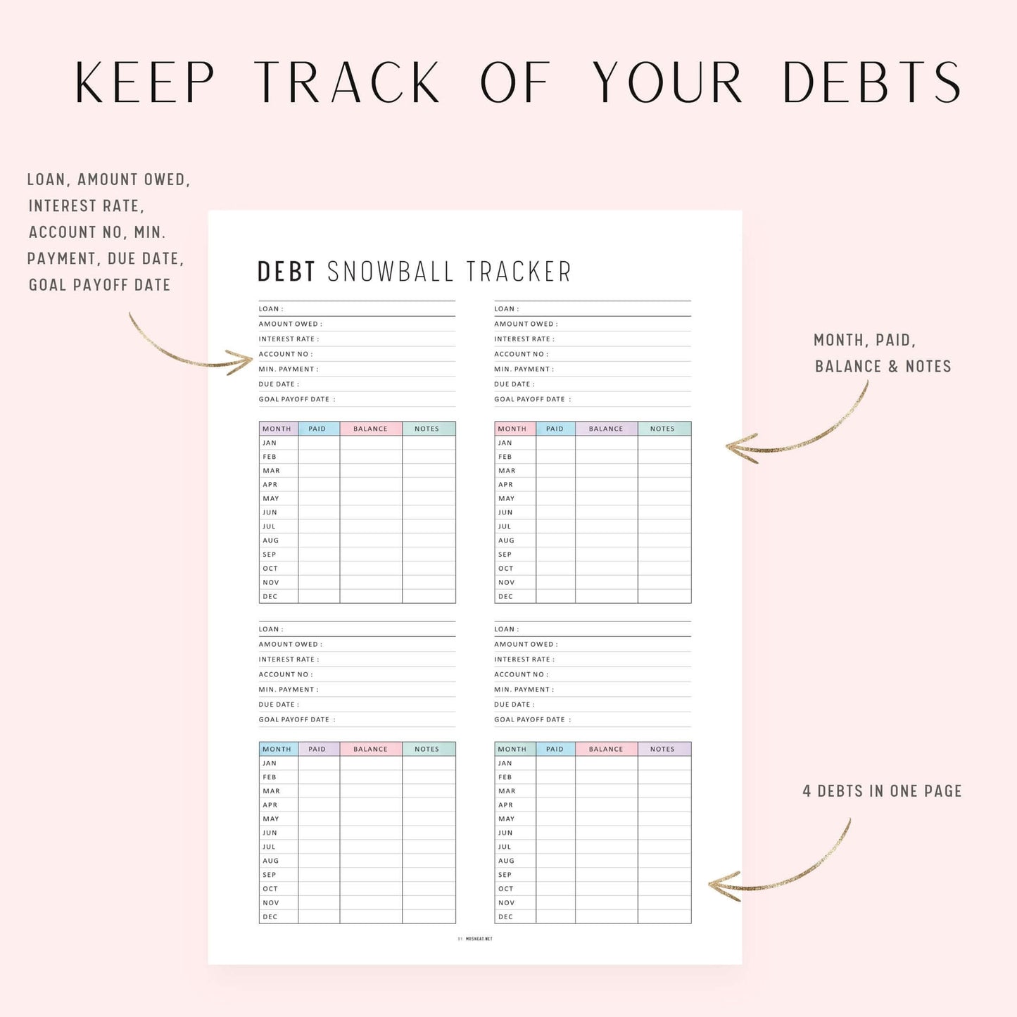 Debt Snowball Tracker Sheet, Printable, A4, A5, Letter, Half Letter, PDF, Digital Planner, 2 Colors, Instant Download