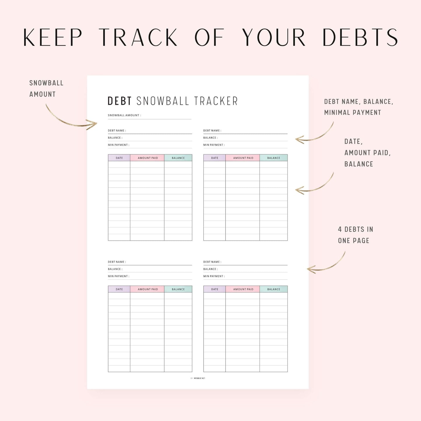 Minimalist Debt Snowball Tracker, Printable, A4, A5, Letter, Half Letter, PDF, Digital Planner, 2 Colors, Instant Download