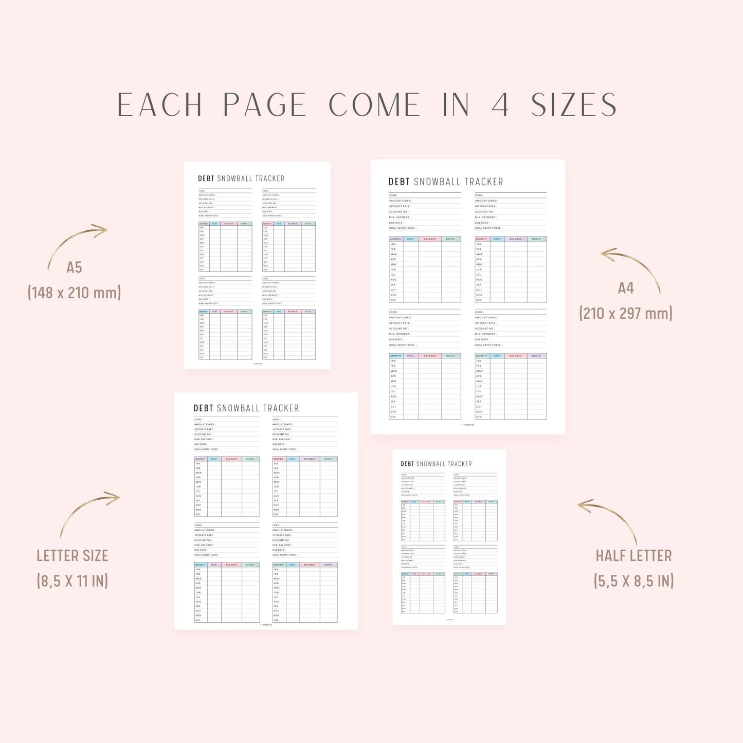 Debt Snowball Tracker Sheet, Printable, A4, A5, Letter, Half Letter, PDF, Digital Planner, 2 Colors, Instant Download