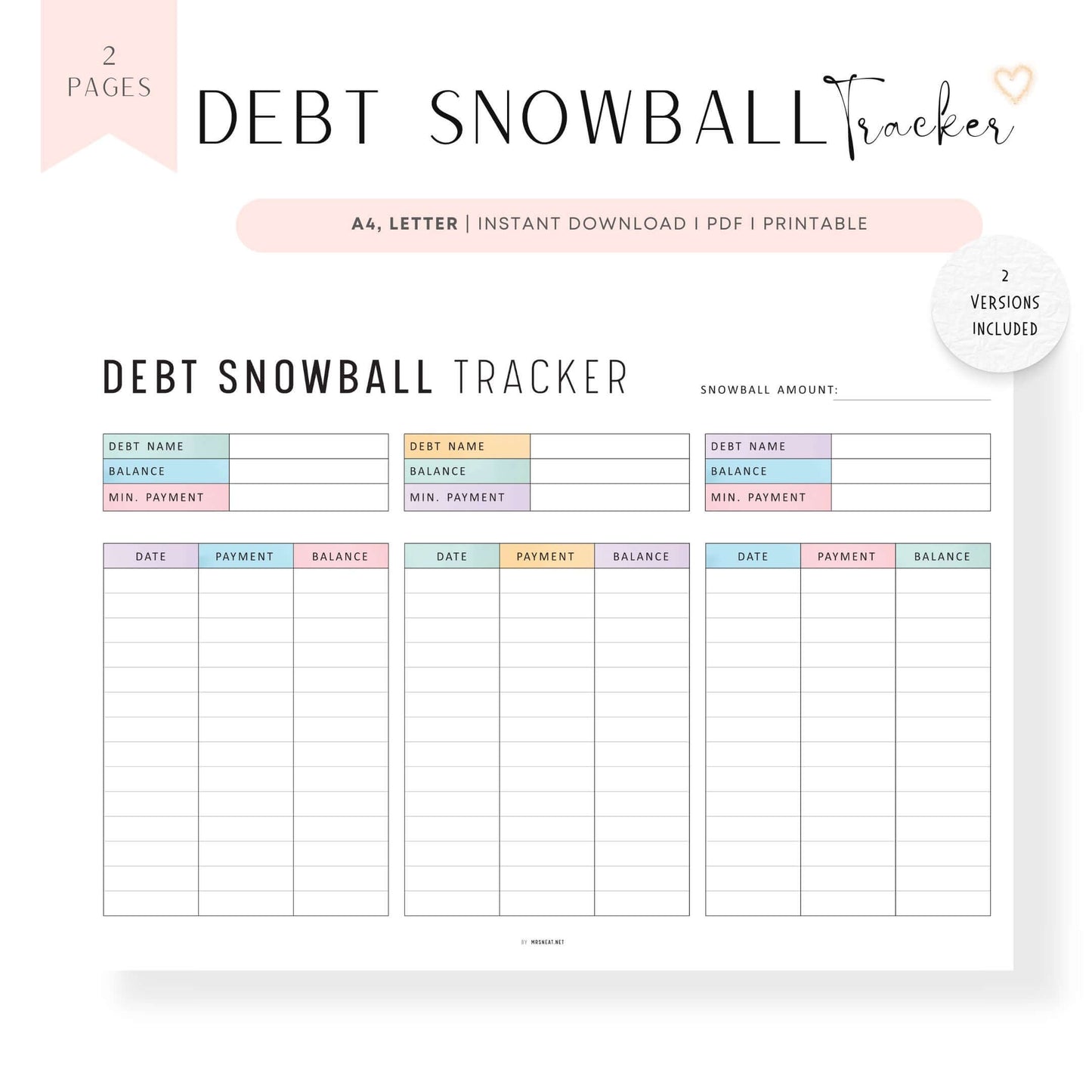 Debt Snowball Tracker Template Printable, Debt Payment Tracker Landscape, A4, Letter, Minimalist Version, Colorful version, PDF, 3 debts in one page, Digital Debt Planner