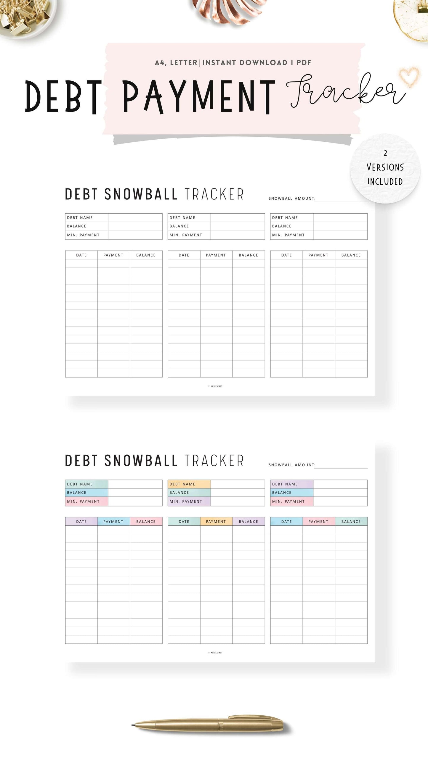 Debt Snowball Tracker Template Printable, Debt Payment Tracker Landscape, A4, Letter, Minimalist Version, Colorful version, PDF, 3 debts in one page, Digital Debt Planner
